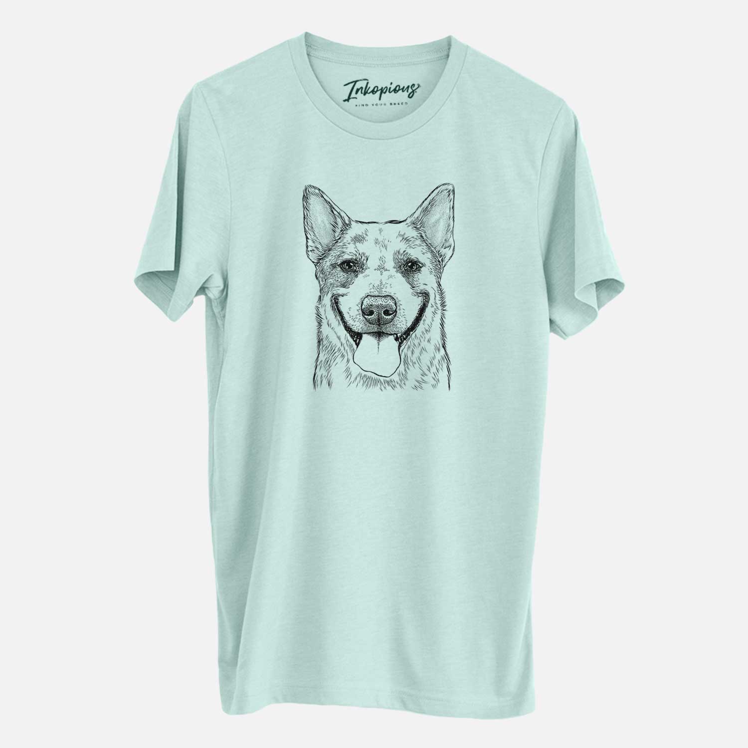 Hand-drawn sketch of Rio the Australian Cattle Dog on a Heather Sage Unisex crewneck