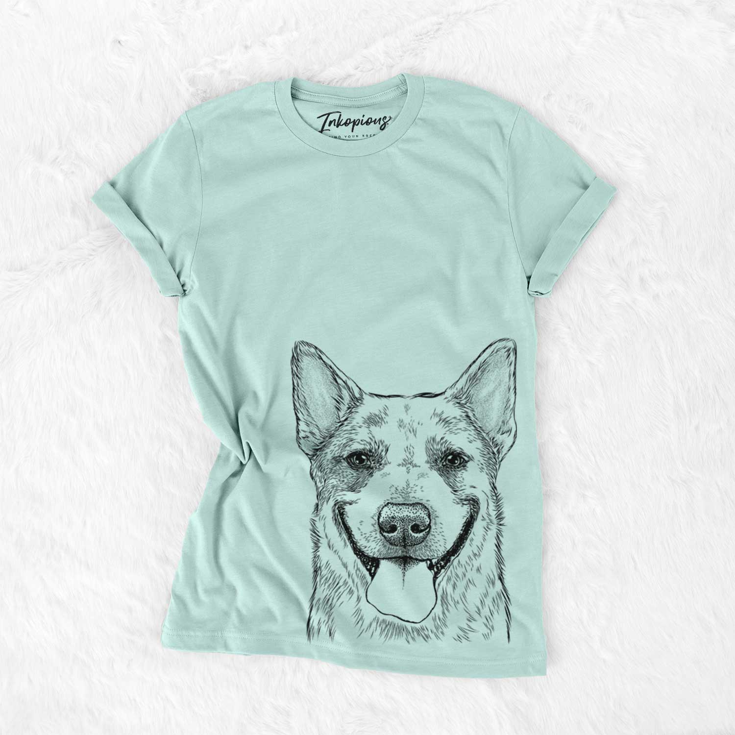 Hand-drawn sketch of Rio the Australian Cattle Dog on a Heather Sage Unisex crewneck