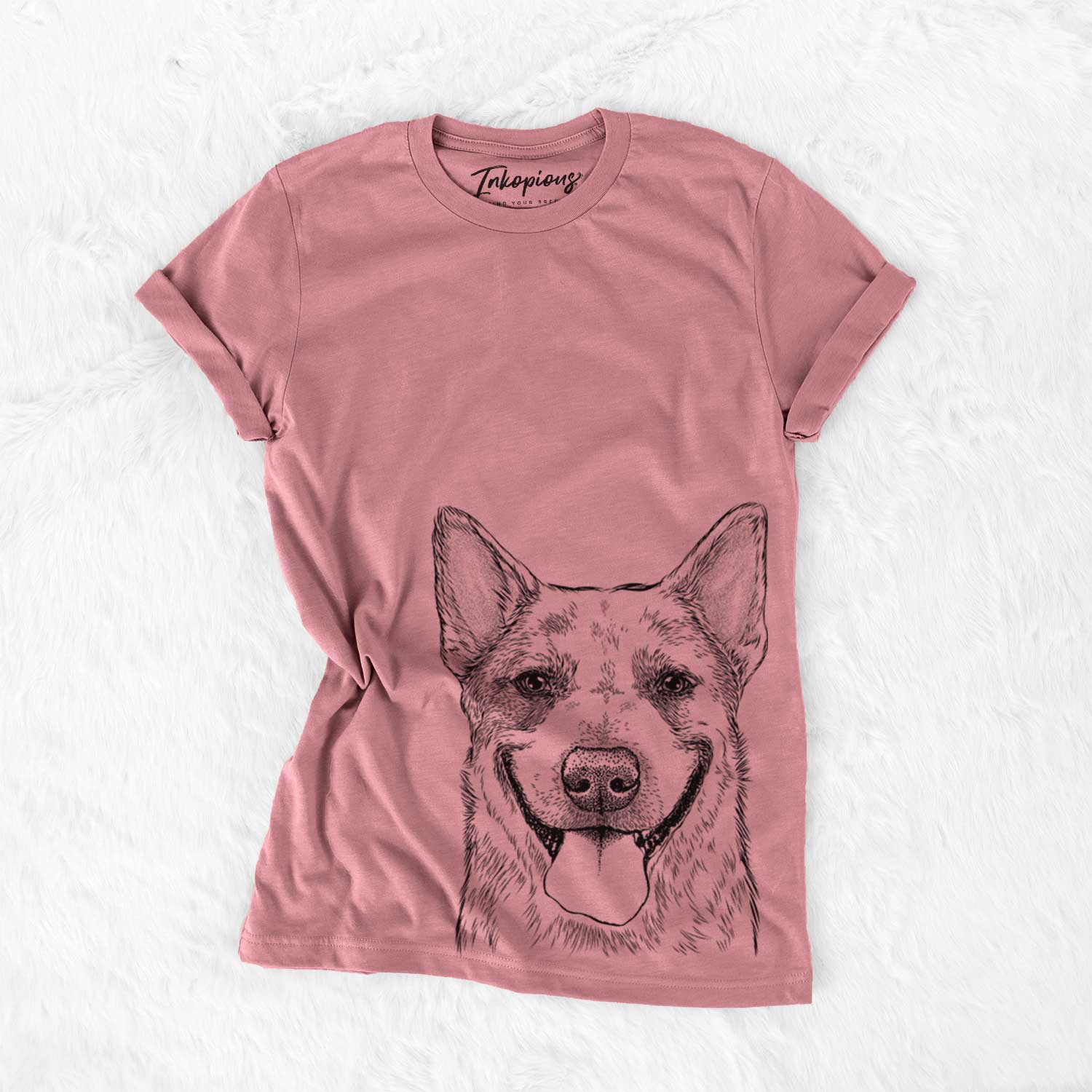 Hand-drawn sketch of Rio the Australian Cattle Dog on a Mauve Unisex crewneck