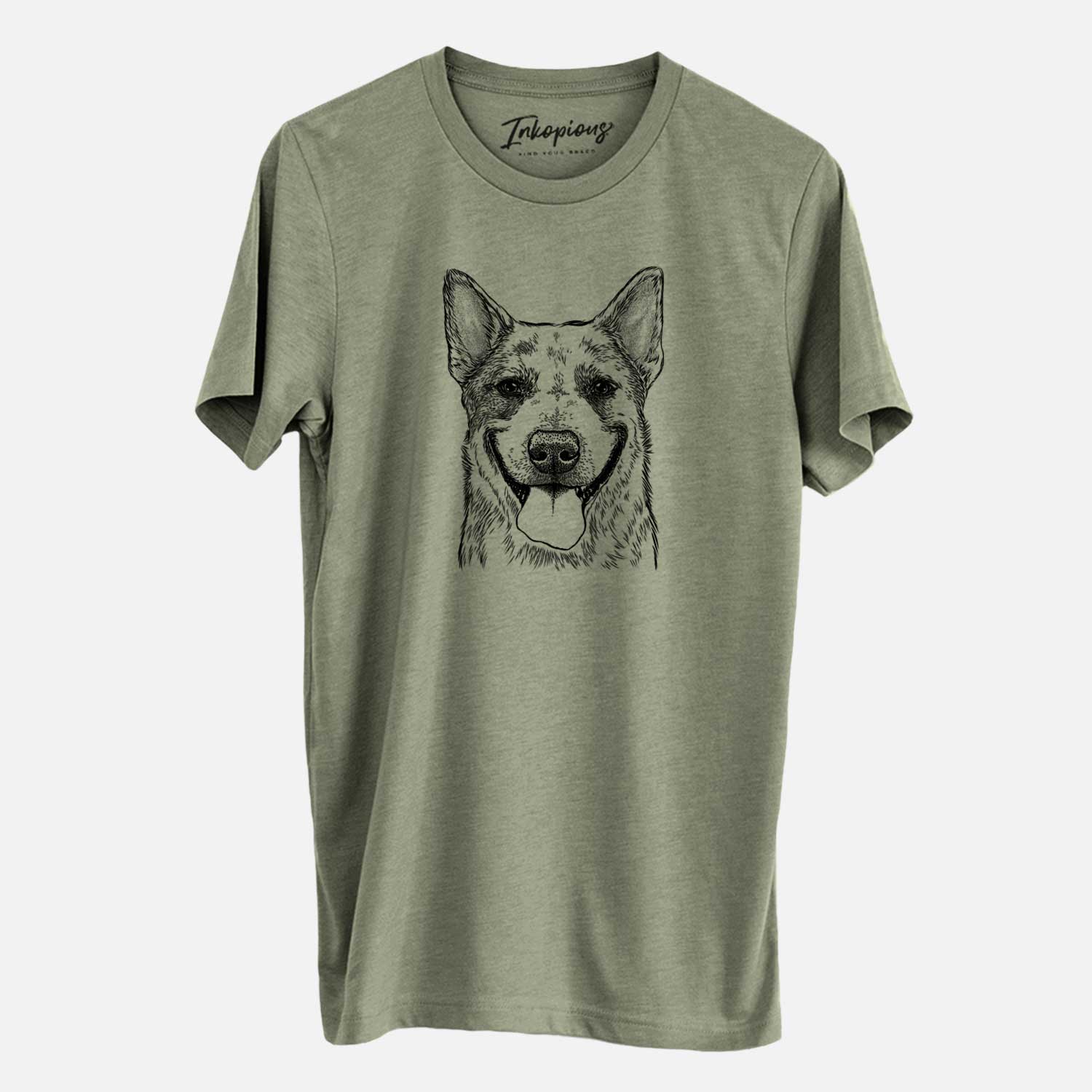 Hand-drawn sketch of Rio the Australian Cattle Dog on an Olive Unisex crewneck