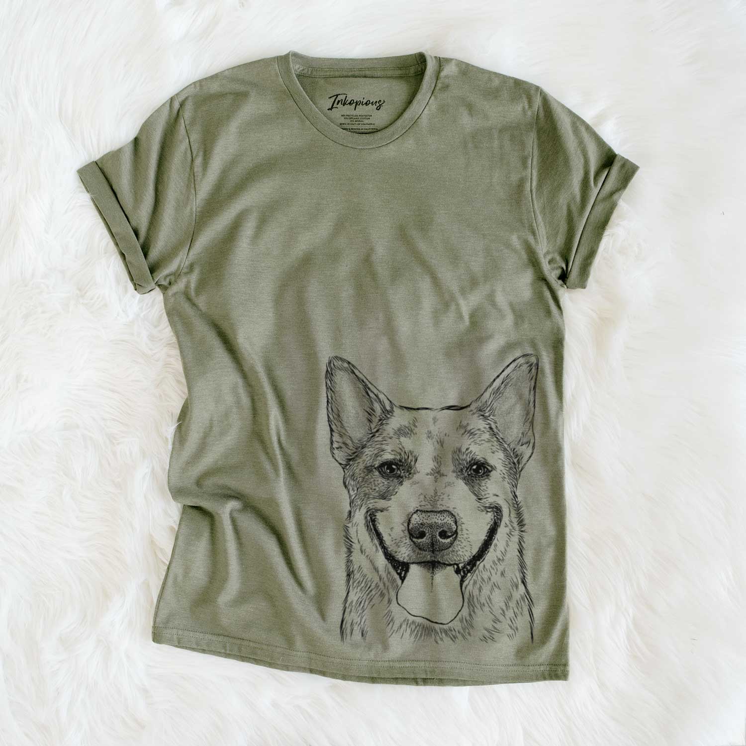 Hand-drawn sketch of Rio the Australian Cattle Dog on an Olive Unisex crewneck