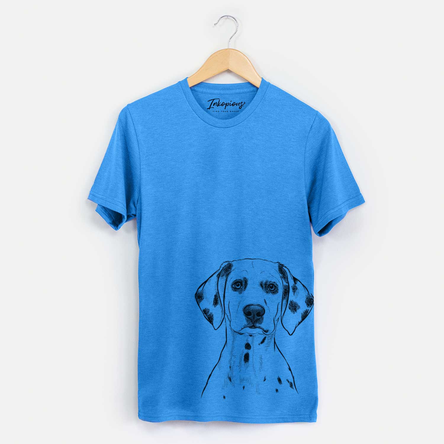 Hand-drawn sketch of Riot the Dalmatian on a Blue Unisex crewneck