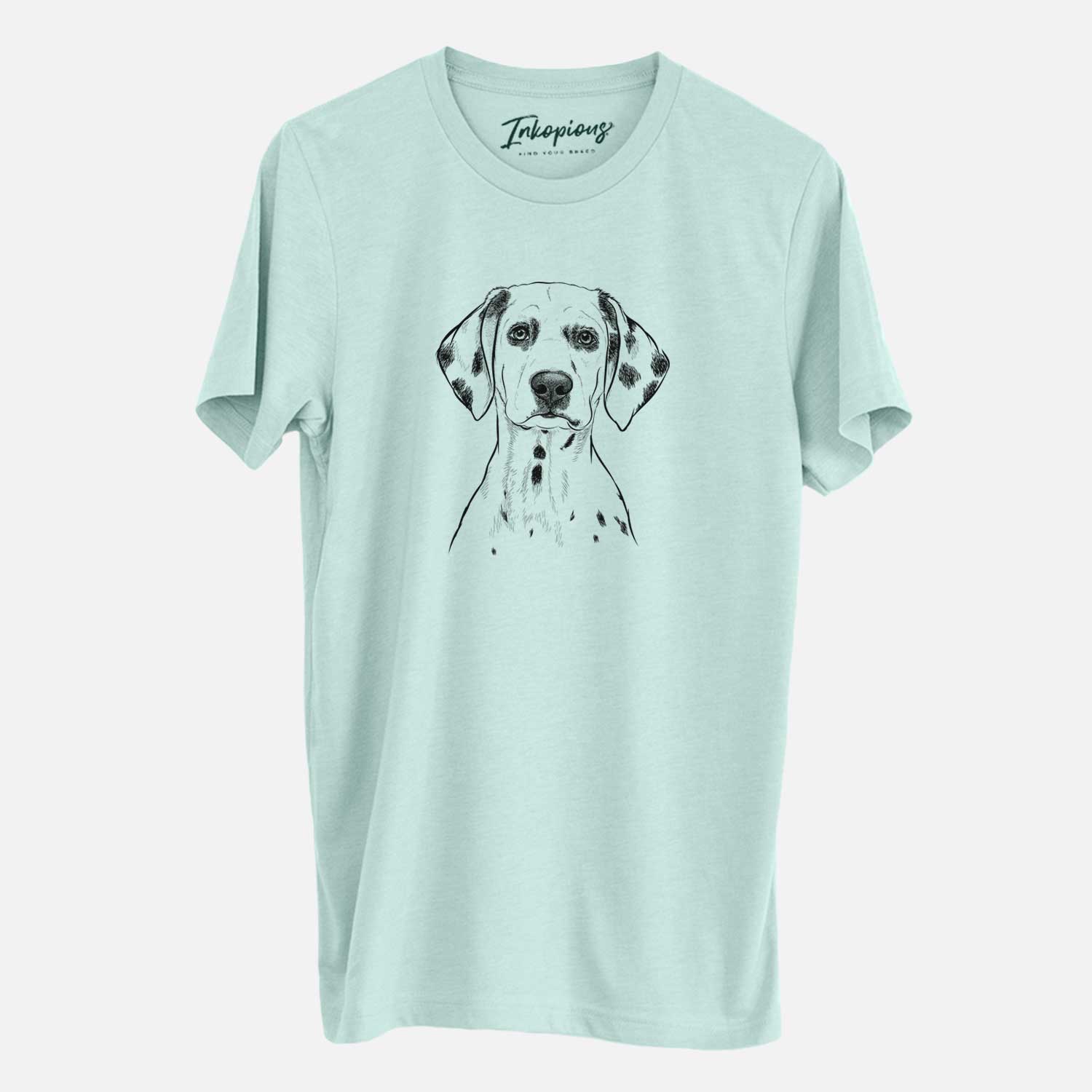 Hand-drawn sketch of Riot the Dalmatian on a Heather Sage Unisex crewneck