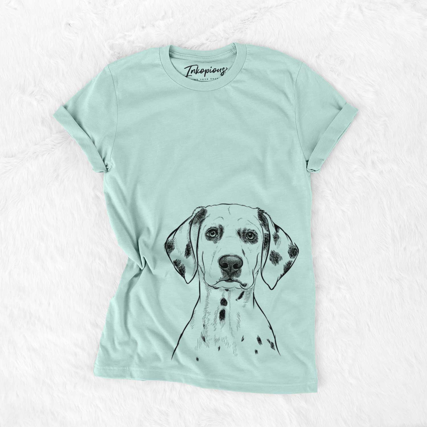 Hand-drawn sketch of Riot the Dalmatian on a Heather Sage Bella Canvas Unisex Crewneck