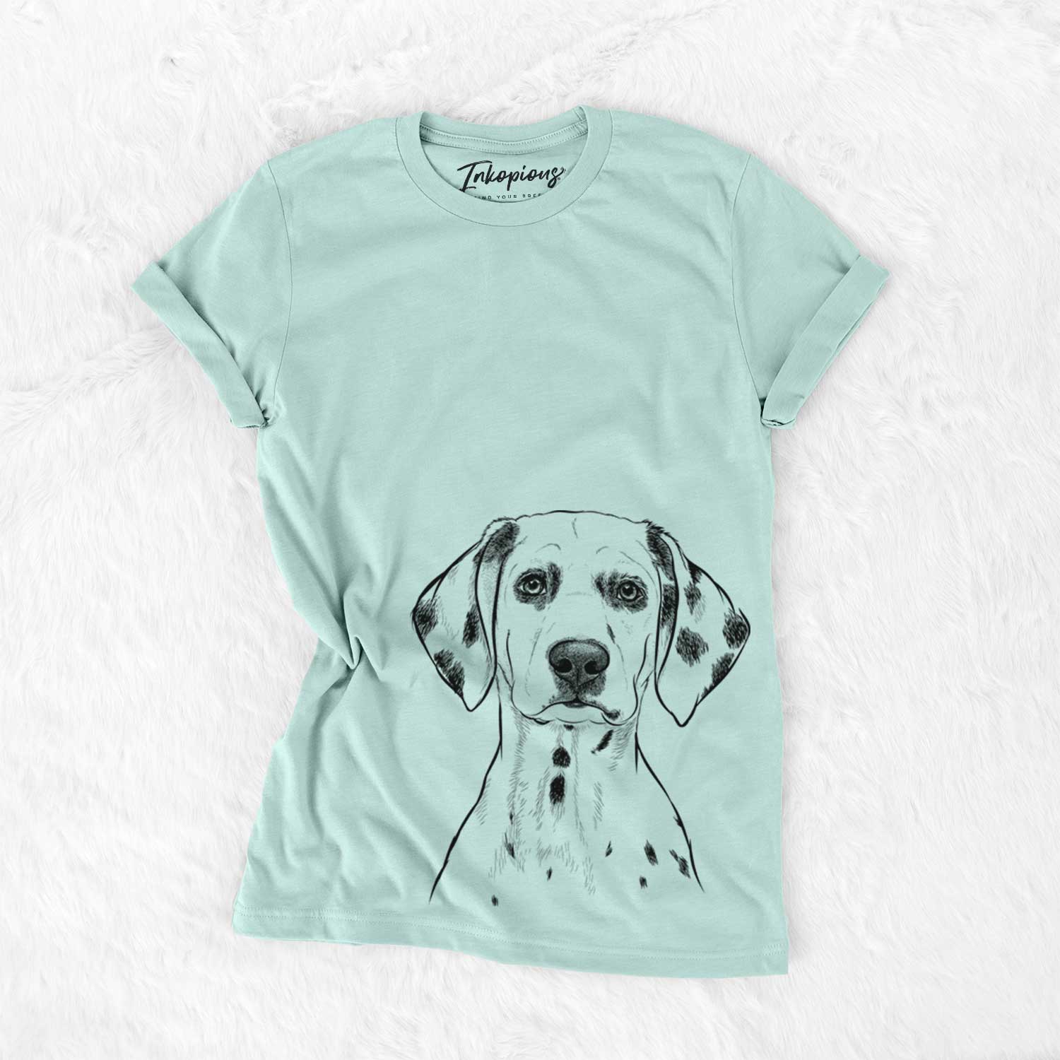 Hand-drawn sketch of Riot the Dalmatian on a Heather Sage Unisex crewneck