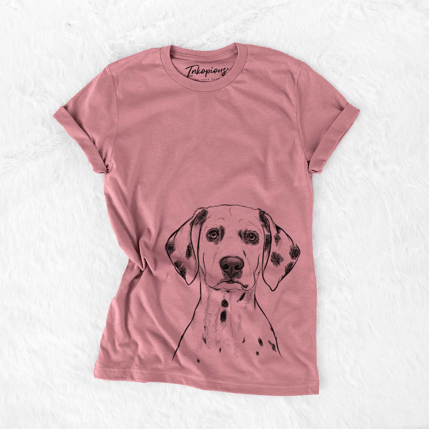 Hand-drawn sketch of Riot the Dalmatian on a Mauve Bella Canvas Unisex Crewneck