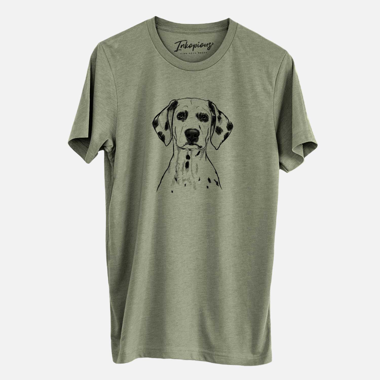 Hand-drawn sketch of Riot the Dalmatian on an Olive Unisex crewneck