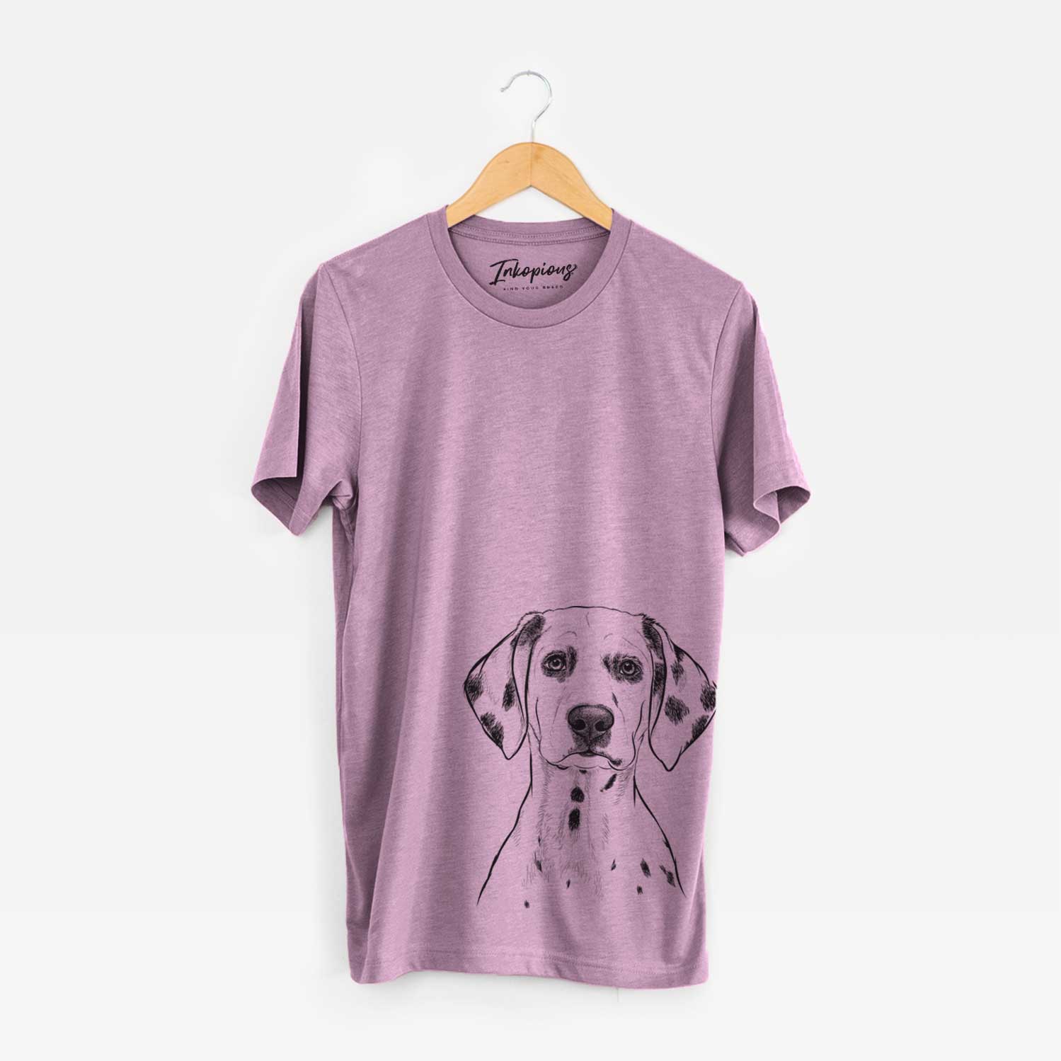 Hand-drawn sketch of Riot the Dalmatian on an Orchid Bella Canvas Unisex Crewneck
