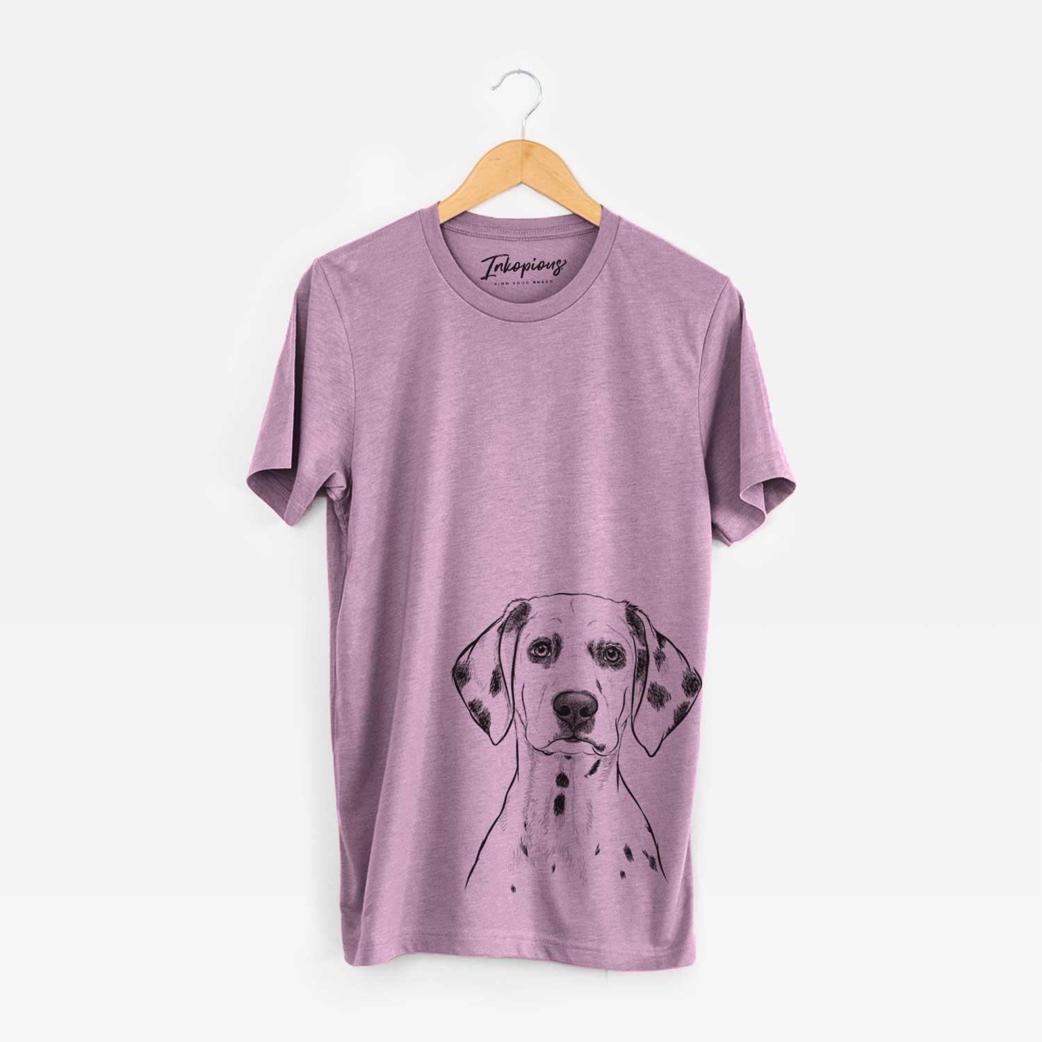 Hand-drawn sketch of Riot the Dalmatian on an Orchid Unisex crewneck