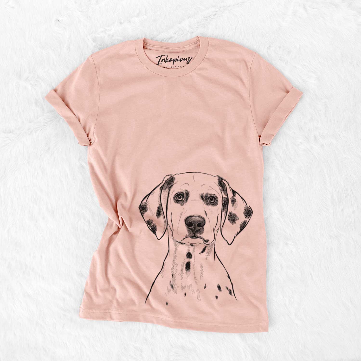 Hand-drawn sketch of Riot the Dalmatian on a Peach Bella Canvas Unisex Crewneck