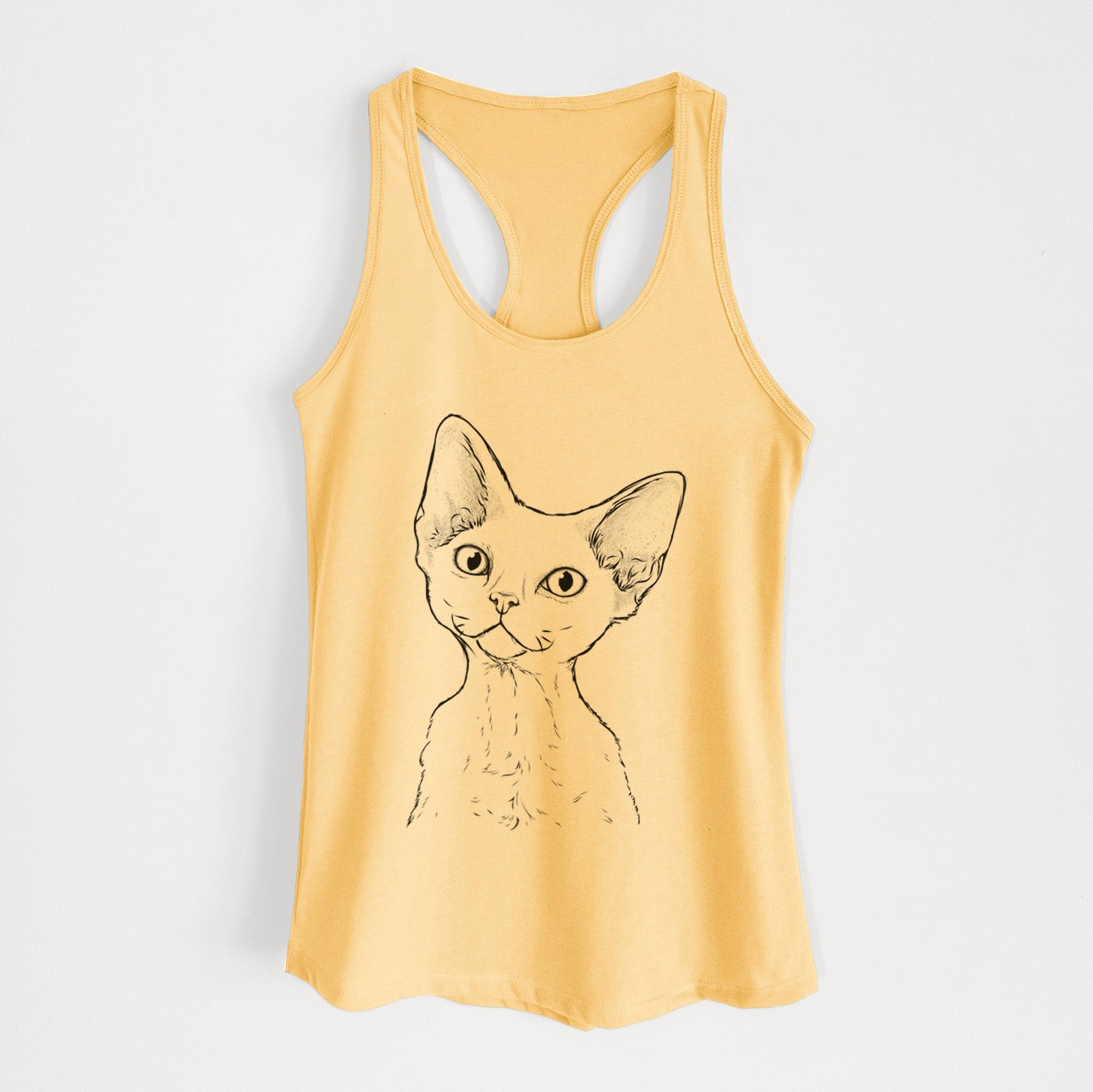 Hand-drawn sketch of Ripley the Devon Rex Cat on a Banana Cream Women's racerback tanktop