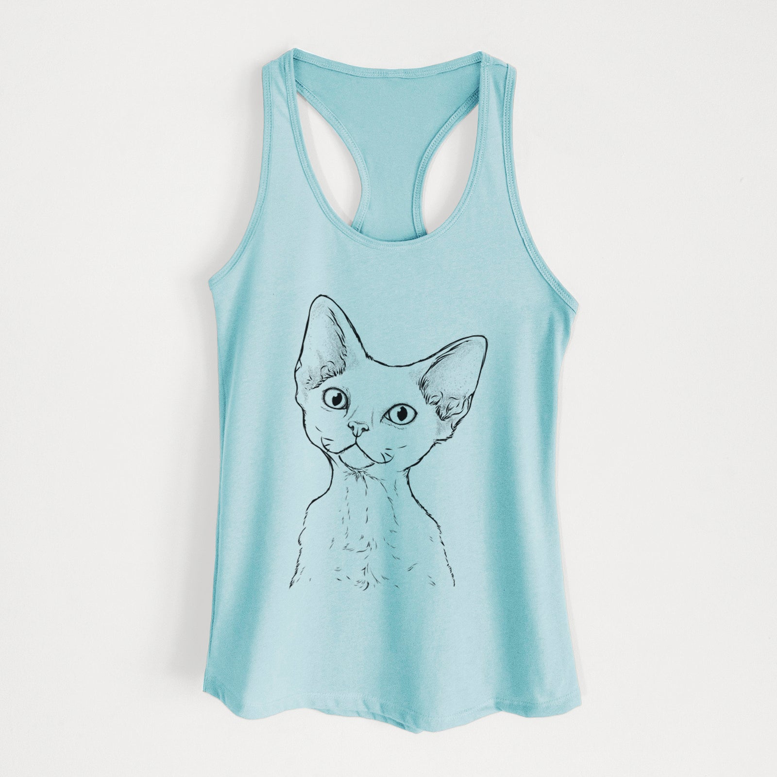 Hand-drawn sketch of Ripley the Devon Rex Cat on a Cancun Blue Women's racerback tanktop
