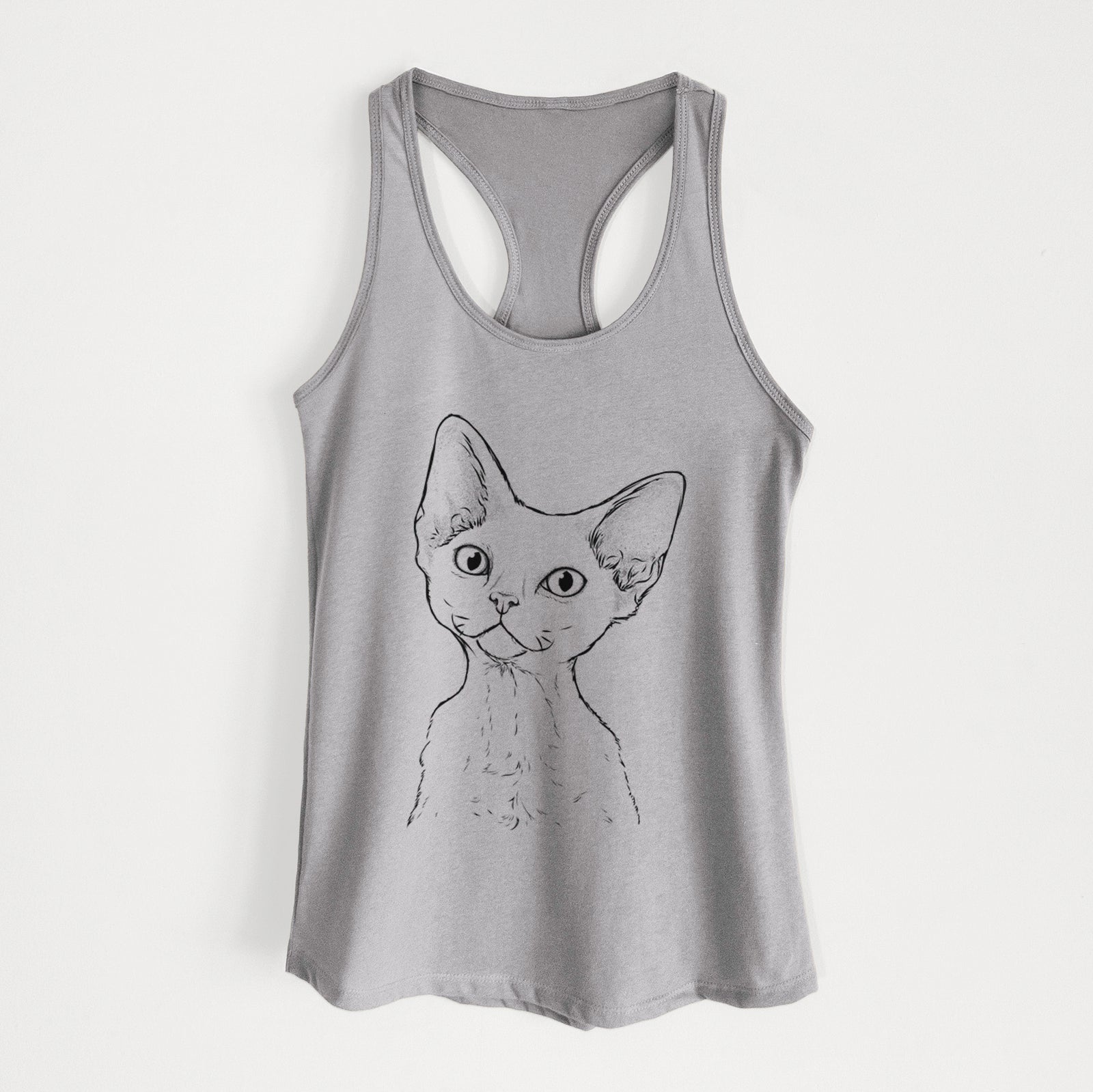 Hand-drawn sketch of Ripley the Devon Rex Cat on a Heather Grey Women's racerback tanktop