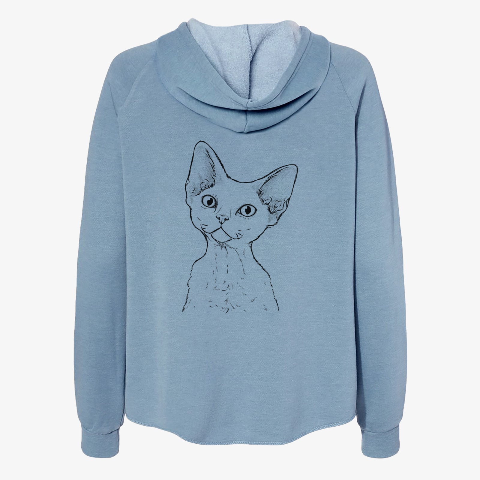 Hand-drawn sketch of Ripley the Devon Rex Cat on a Misty Blue Women's cali wave zip-up sweatshirt