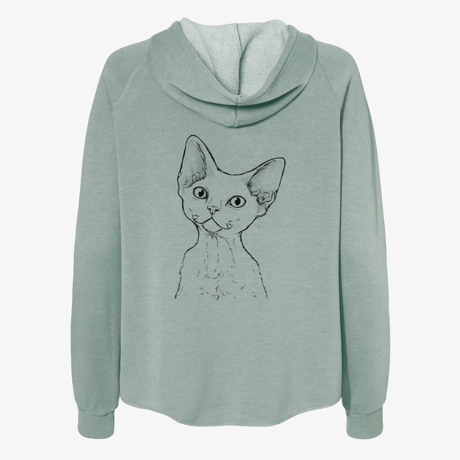 Hand-drawn sketch of Ripley the Devon Rex Cat on a Sage Women's cali wave zip-up sweatshirt