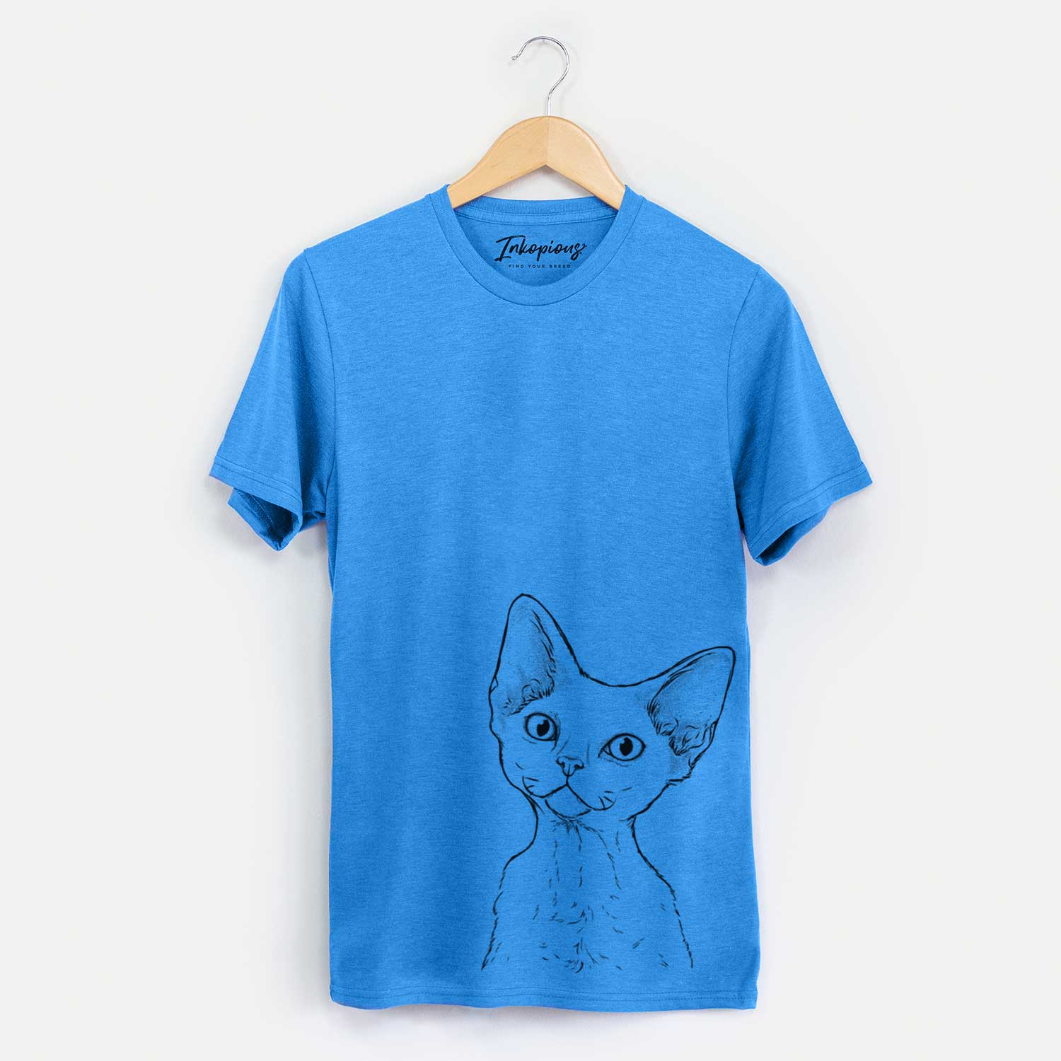 Hand-drawn sketch of Ripley the Devon Rex Cat on a Blue Unisex crewneck
