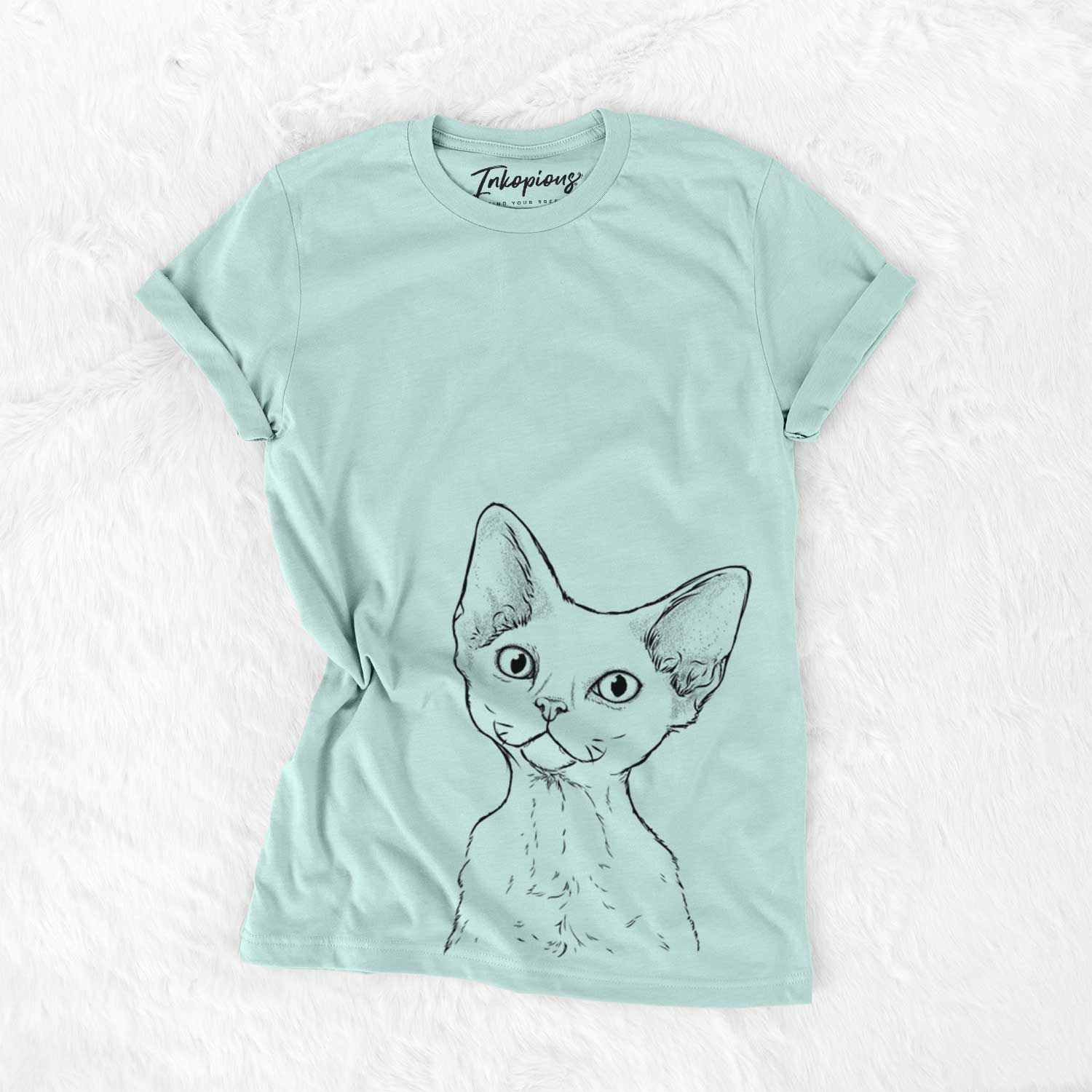 Hand-drawn sketch of Ripley the Devon Rex Cat on a Heather Sage Unisex crewneck