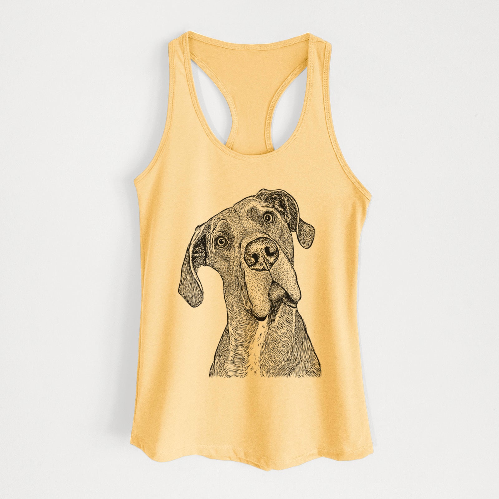 Hand-drawn sketch of River the Great Dane on a Banana Cream Women's racerback tanktop
