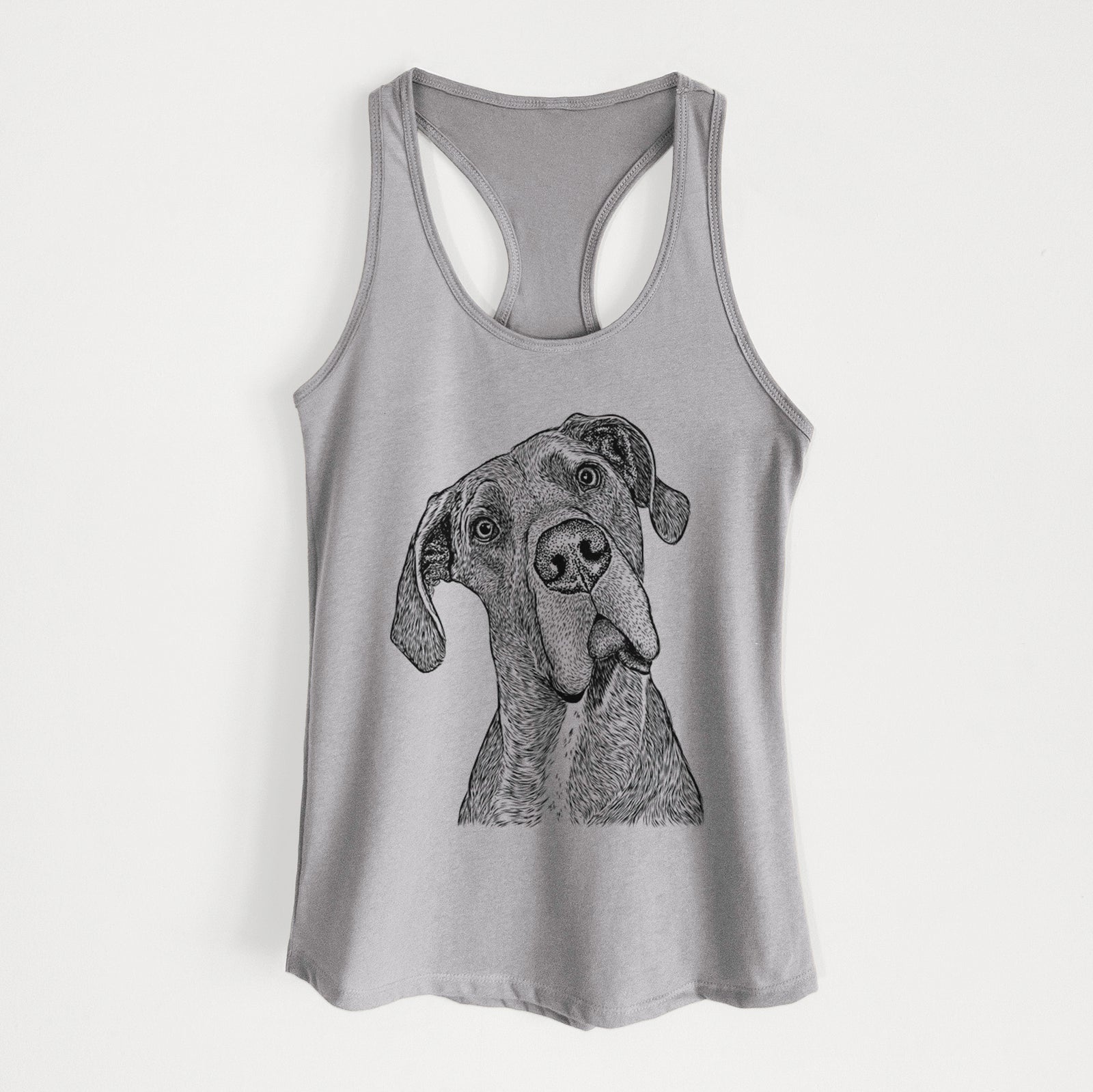 Hand-drawn sketch of River the Great Dane on a Heather Grey Women's racerback tanktop