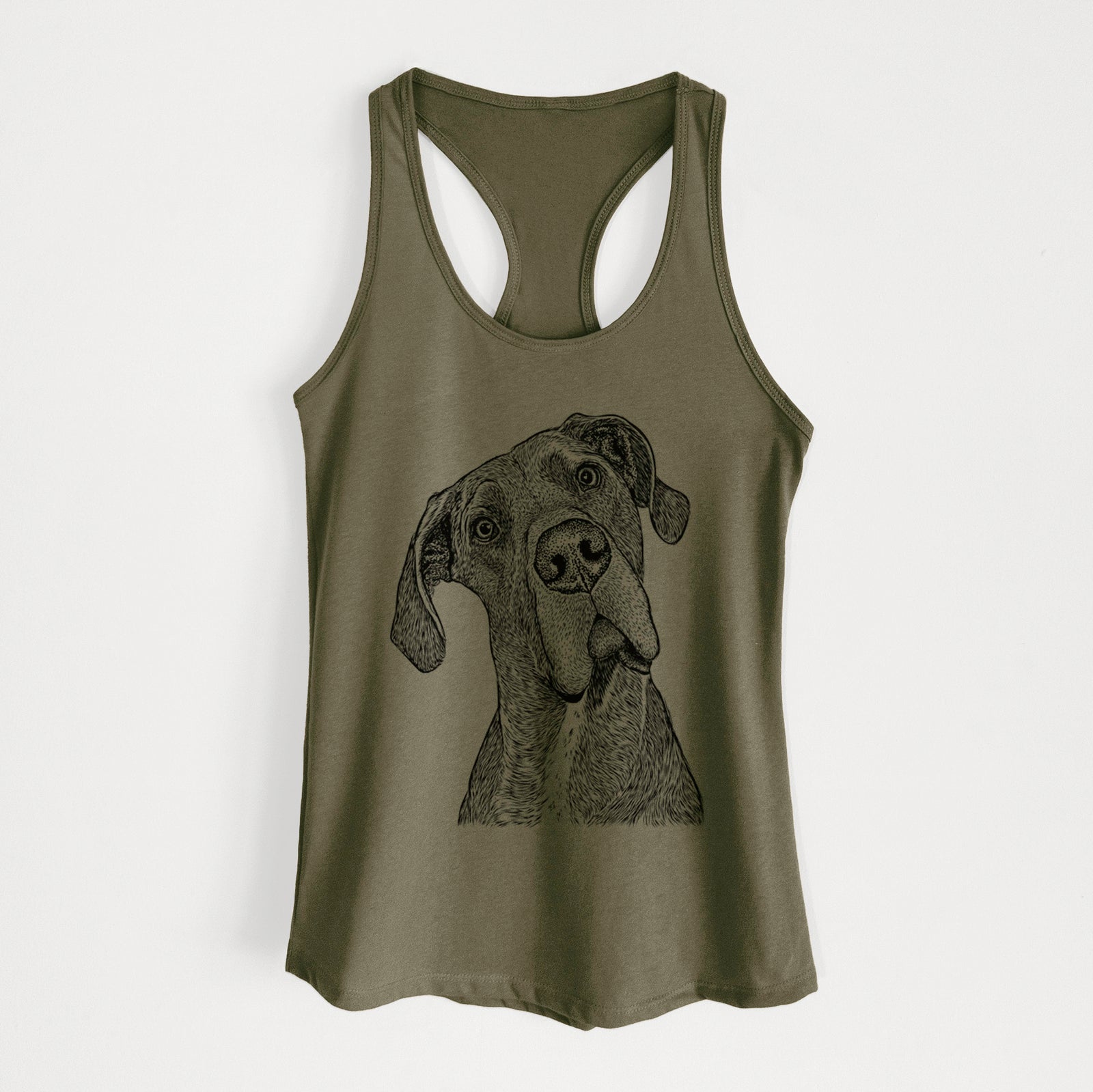 Hand-drawn sketch of River the Great Dane on a Military Green Women's racerback tanktop