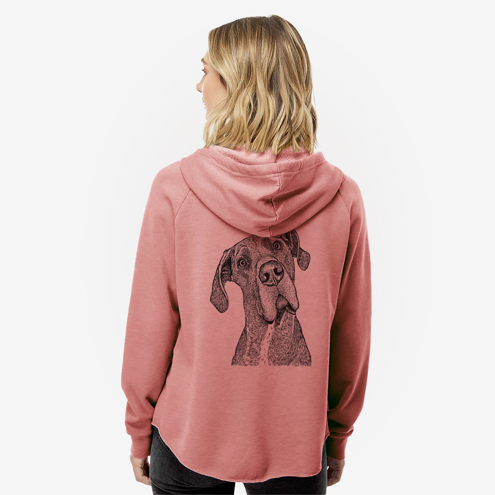 Hand-drawn sketch of River the Great Dane on a Dusty Rose Women's cali wave zip-up sweatshirt