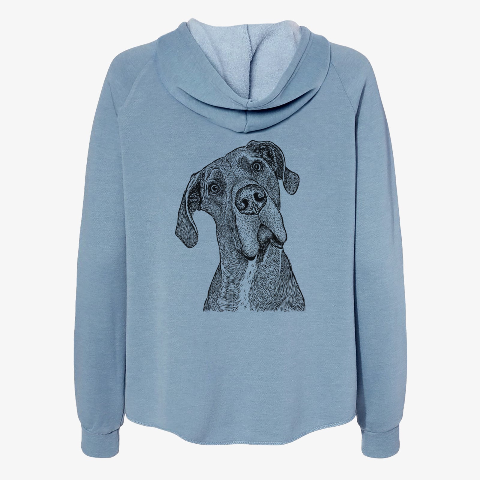Hand-drawn sketch of River the Great Dane on a Misty Blue Women's cali wave zip-up sweatshirt