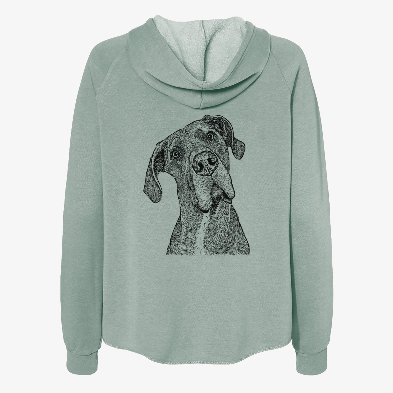 Hand-drawn sketch of River the Great Dane on a Sage Women's cali wave zip-up sweatshirt