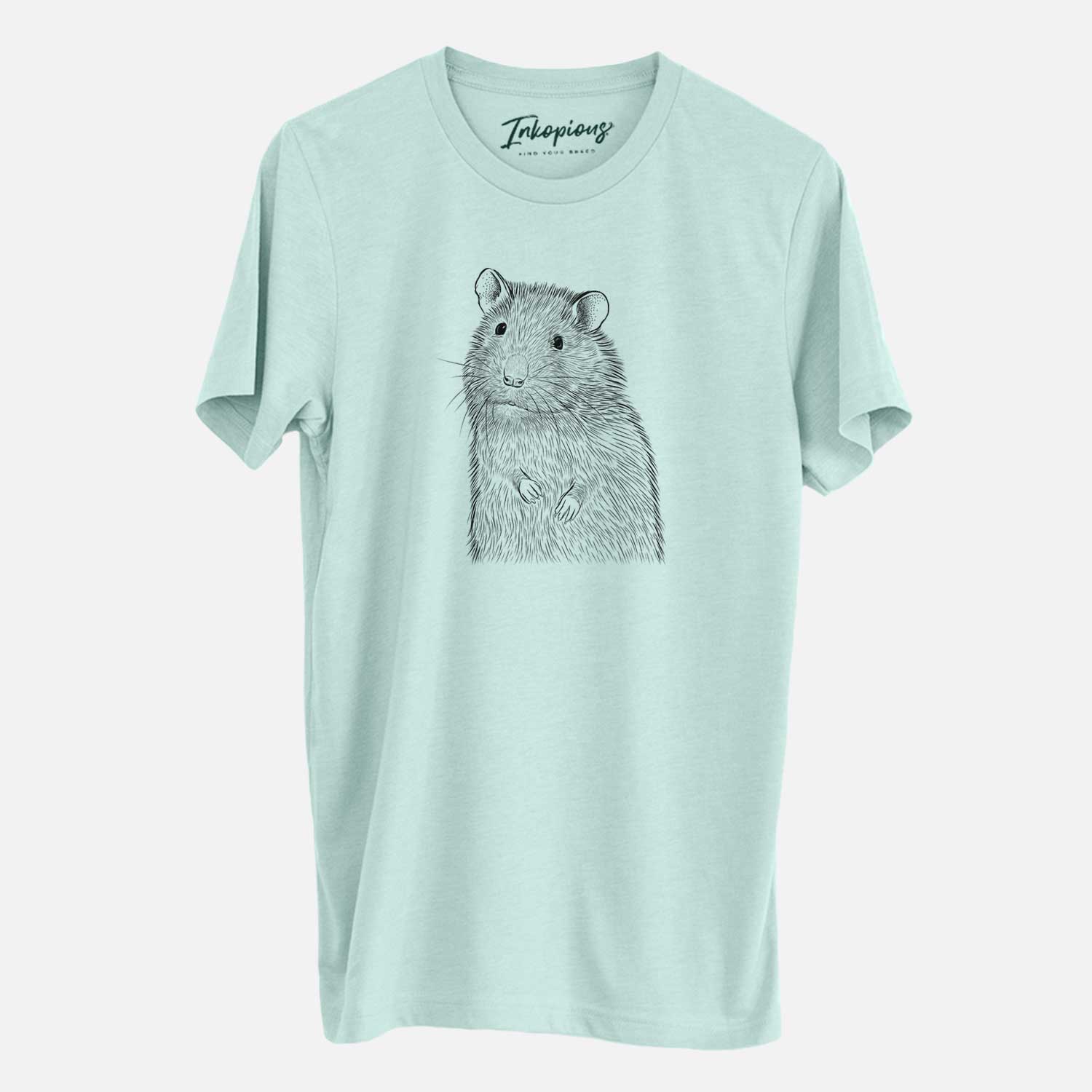 Hand-drawn sketch of Rizzo the Rat on a Heather Sage Unisex crewneck