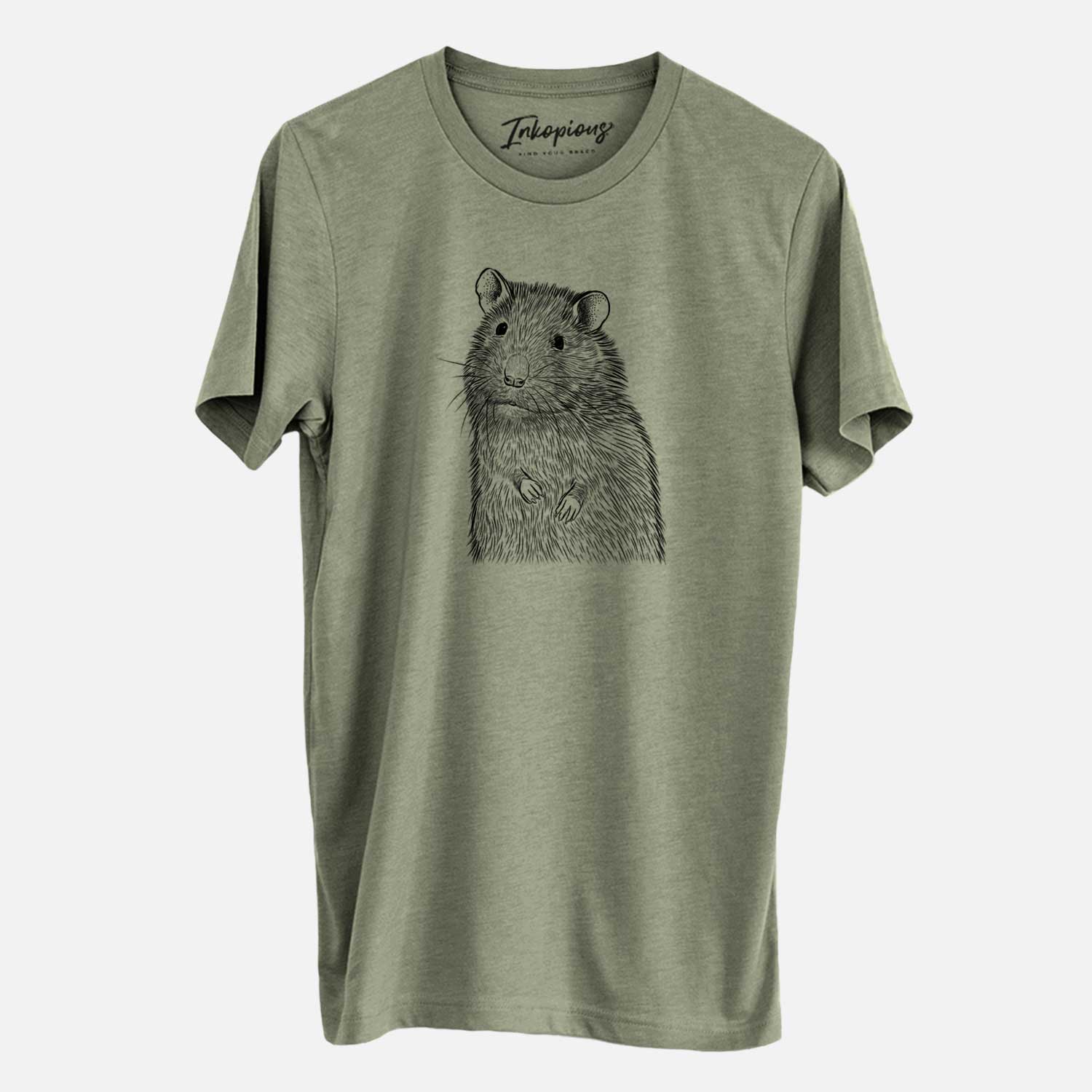 Hand-drawn sketch of Rizzo the Rat on an Olive Unisex crewneck