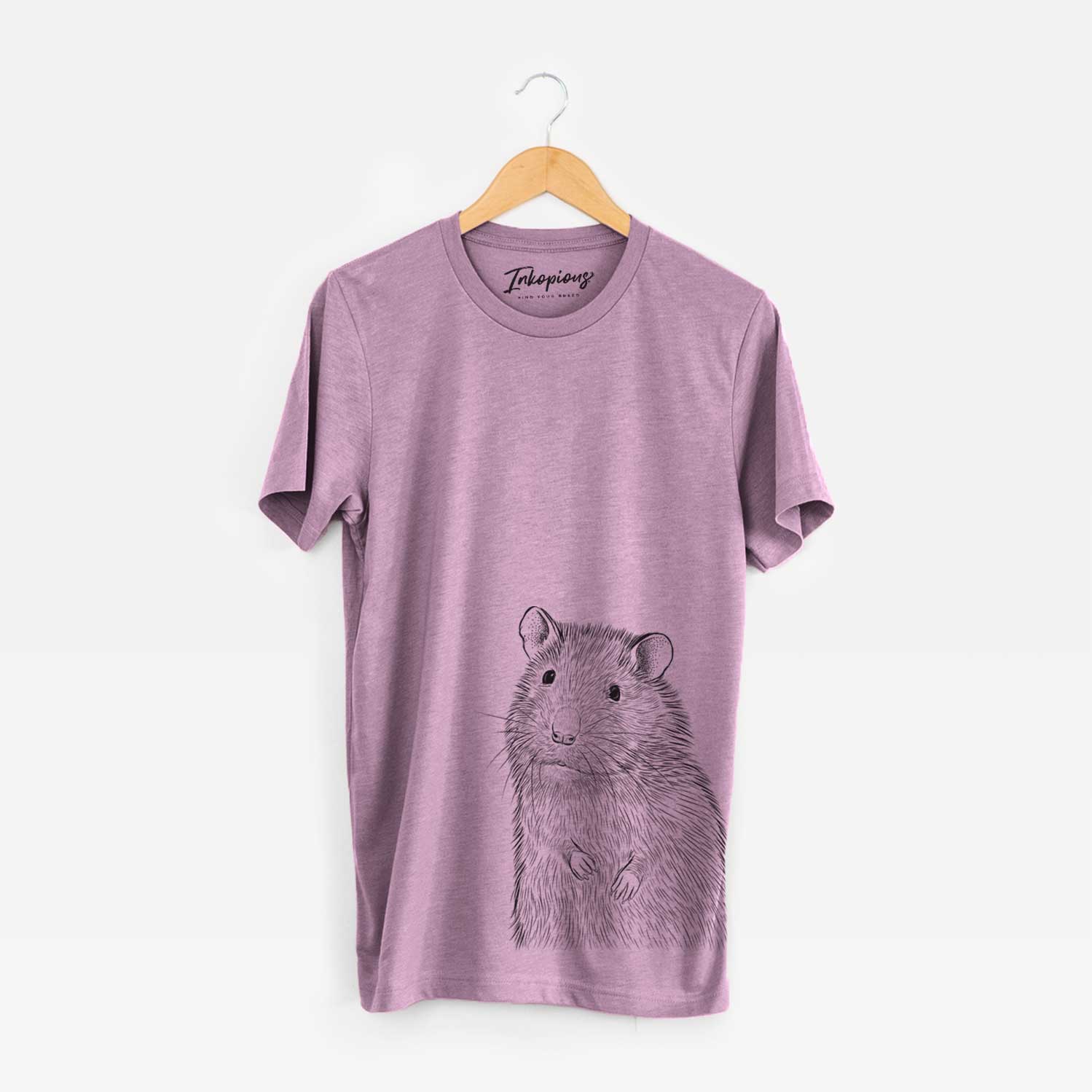 Hand-drawn sketch of Rizzo the Rat on an Orchid Unisex crewneck