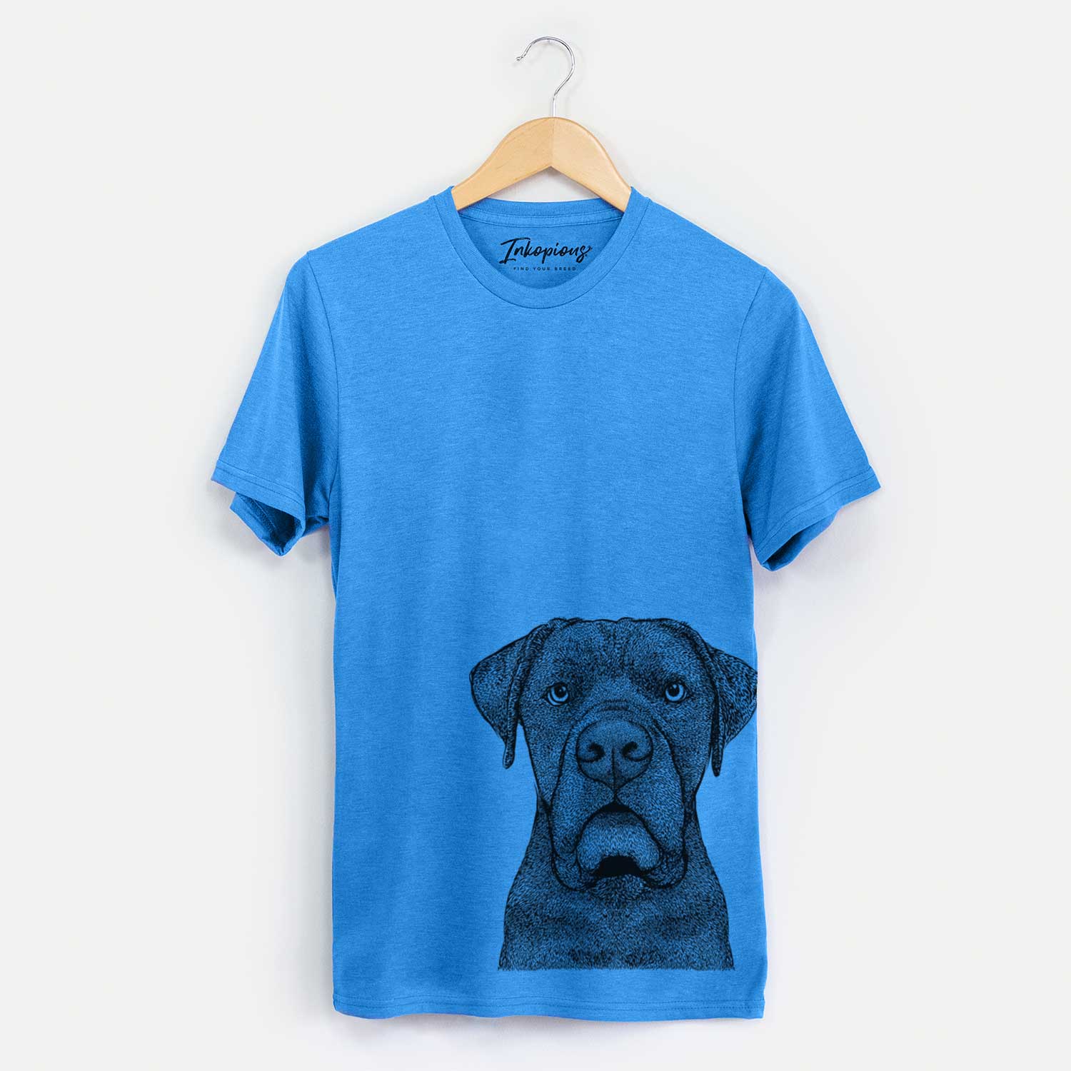 Hand-drawn sketch of Rocco the Cane Corso on a Blue Unisex crewneck