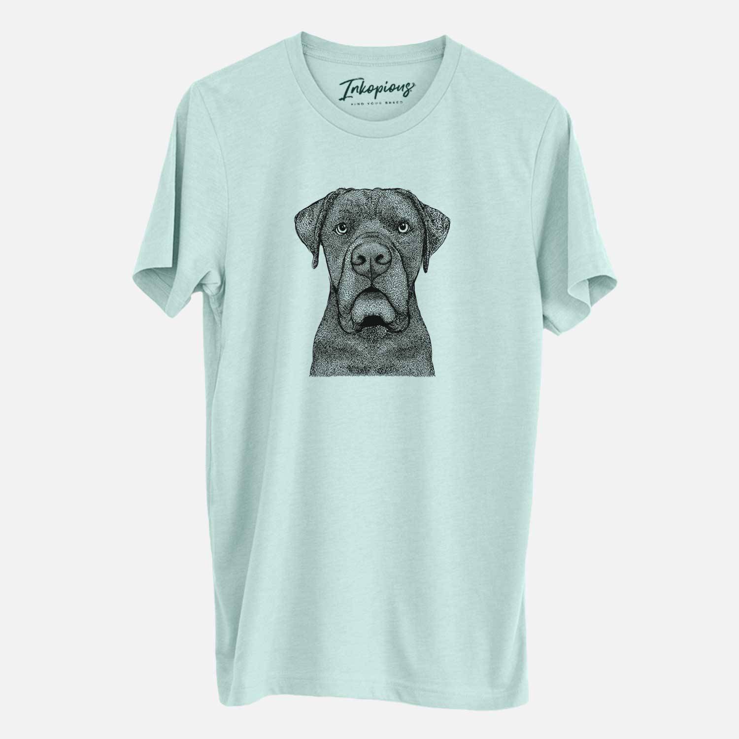 Hand-drawn sketch of Rocco the Cane Corso on a Heather Sage Unisex crewneck