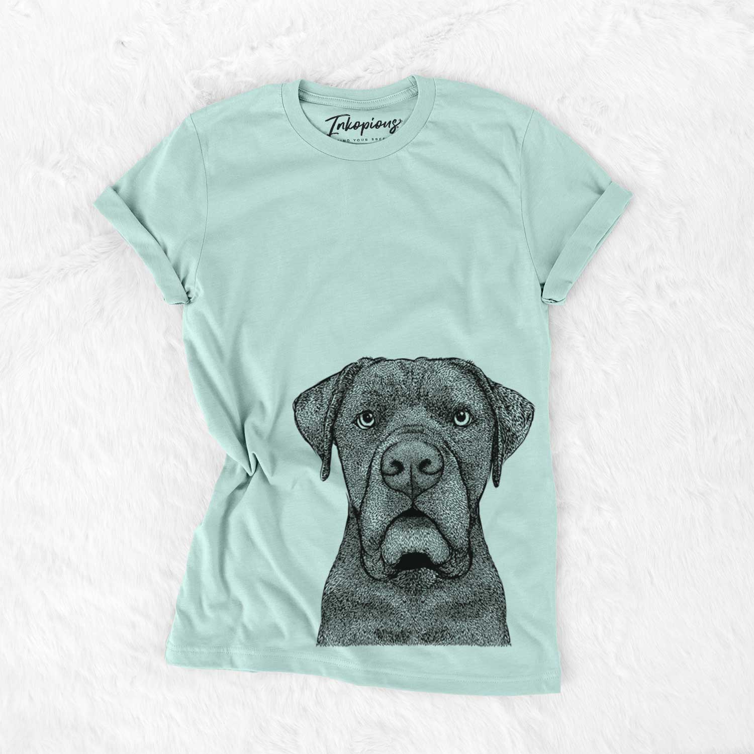 Hand-drawn sketch of Rocco the Cane Corso on a Heather Sage Unisex crewneck