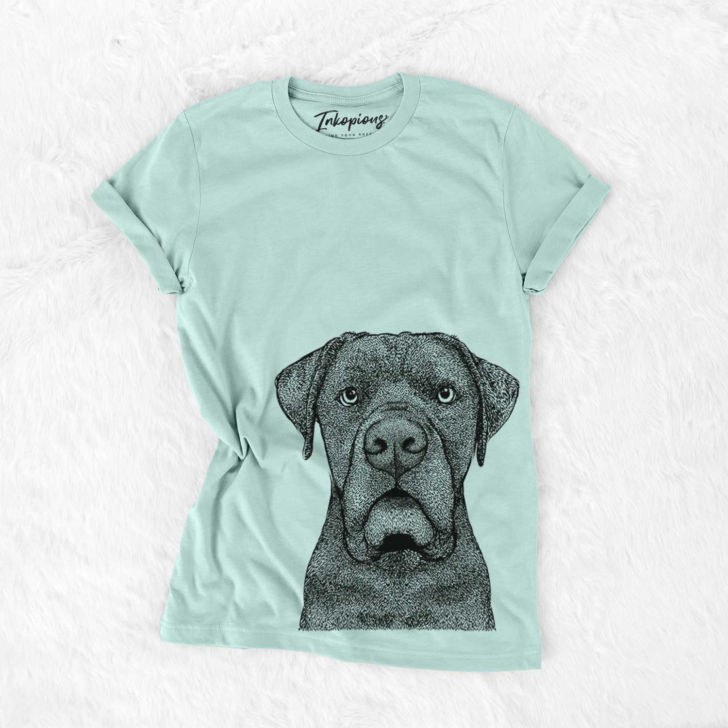 Hand-drawn sketch of Rocco the Cane Corso on a Heather Sage Bella Canvas Unisex Crewneck