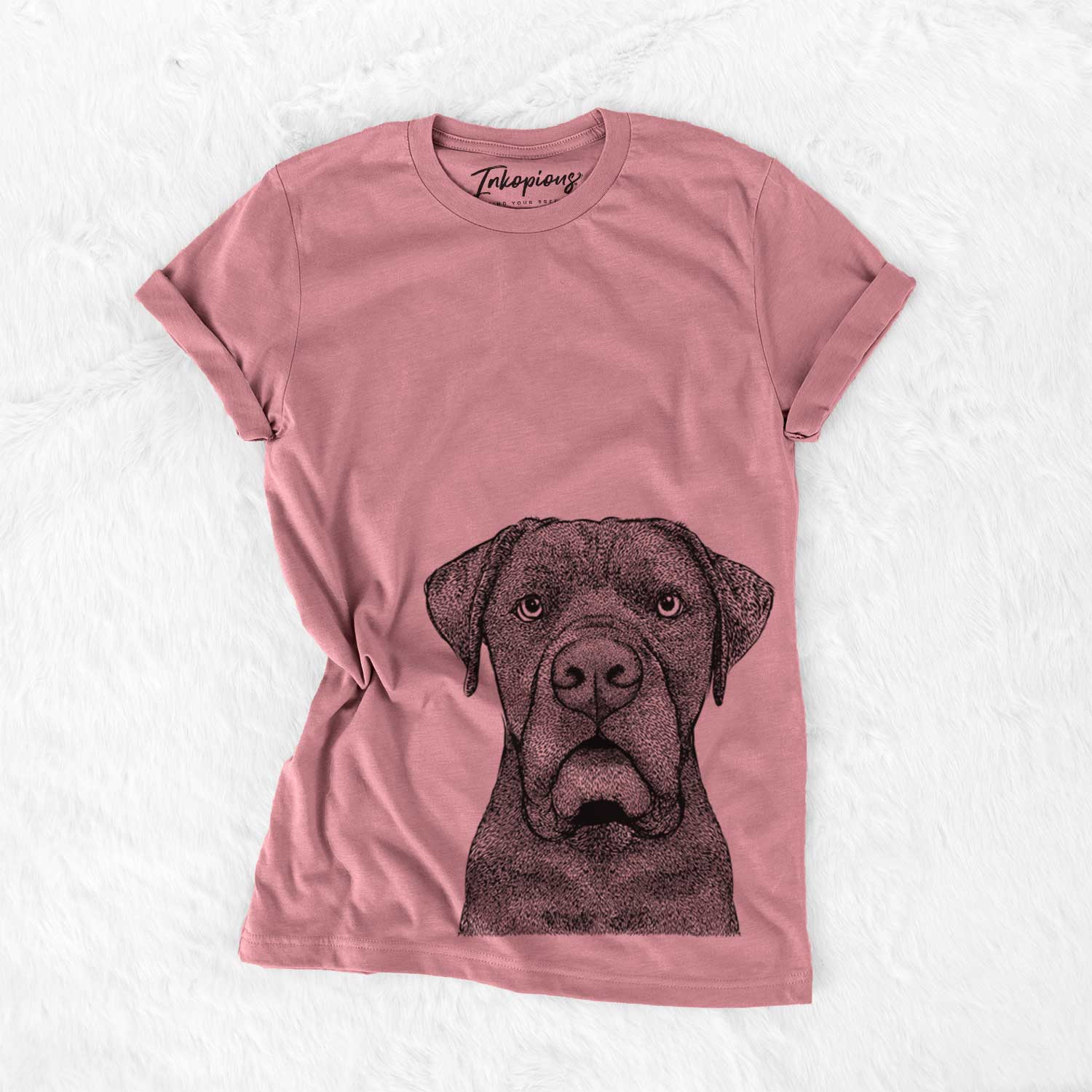 Hand-drawn sketch of Rocco the Cane Corso on a Mauve Unisex crewneck