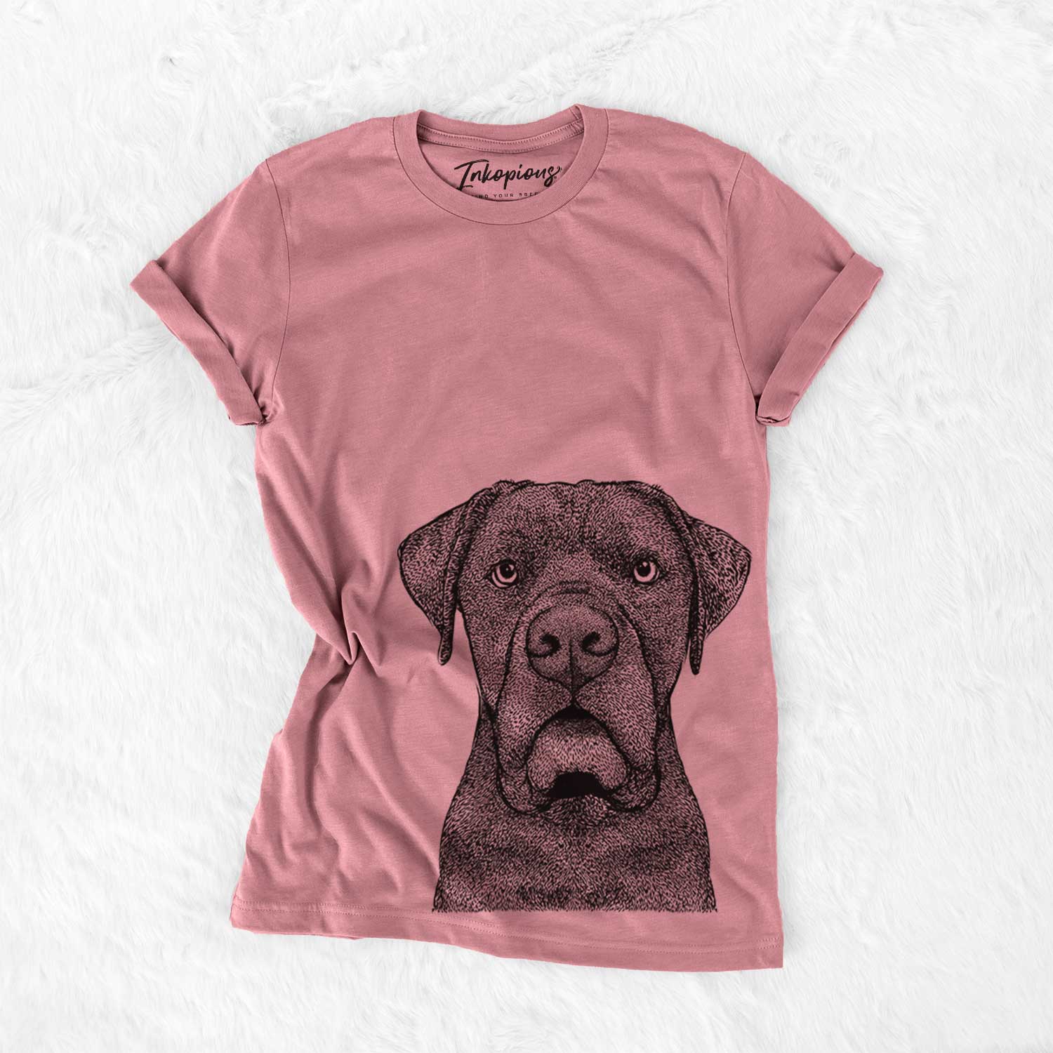 Hand-drawn sketch of Rocco the Cane Corso on a Mauve Bella Canvas Unisex Crewneck