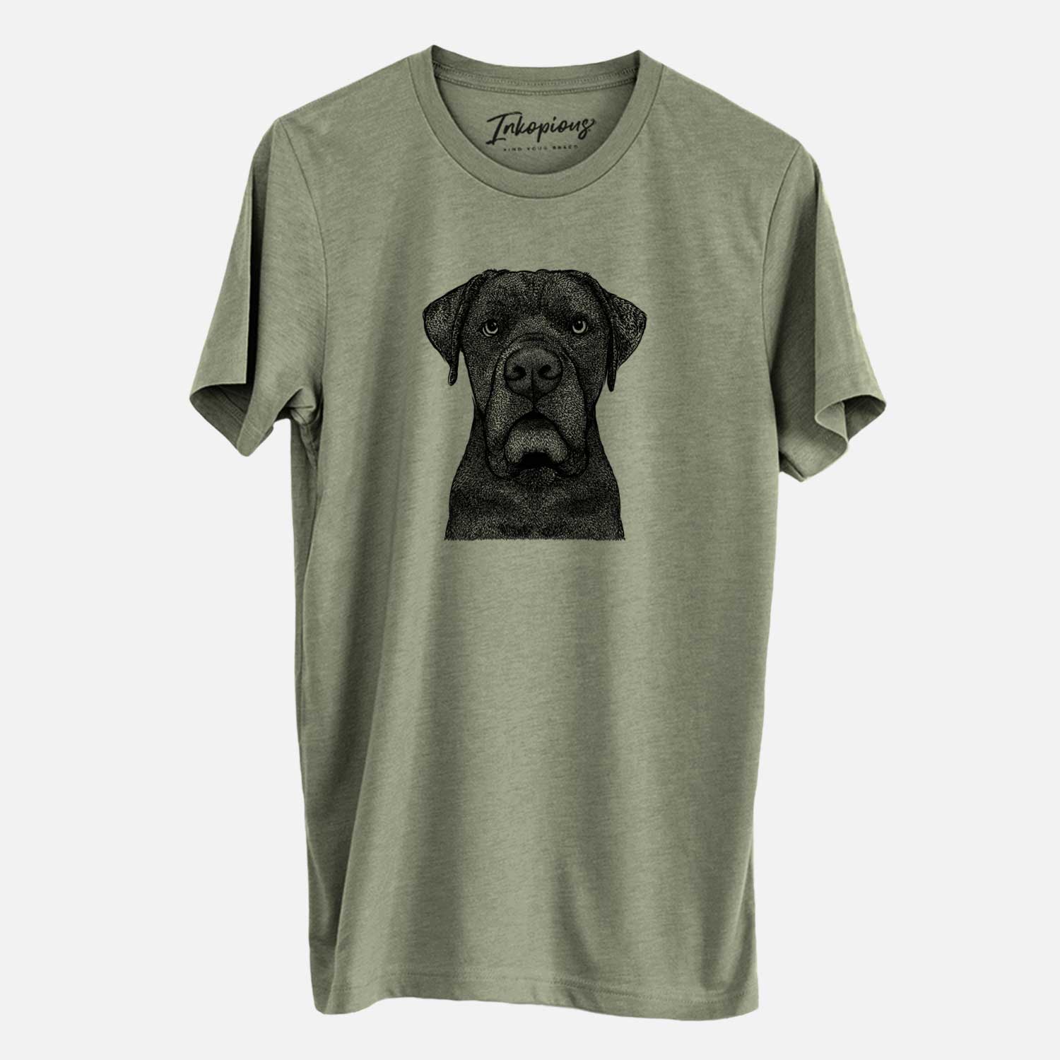Hand-drawn sketch of Rocco the Cane Corso on an Olive Unisex crewneck