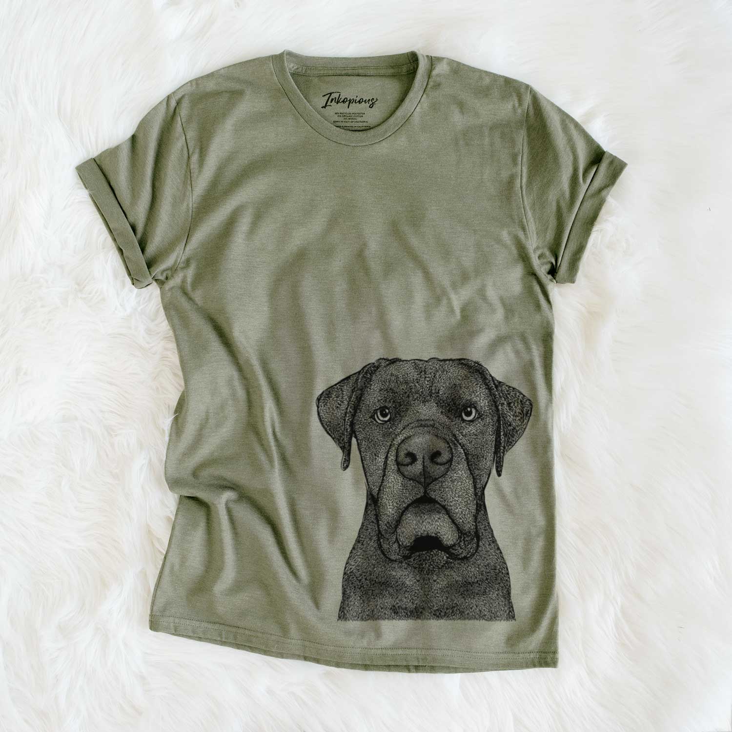 Hand-drawn sketch of Rocco the Cane Corso on an Olive Unisex crewneck