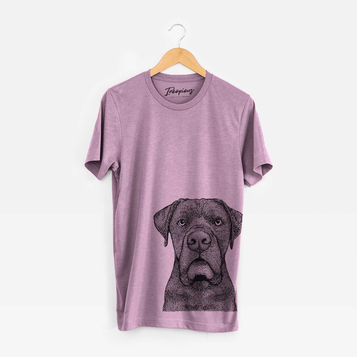 Hand-drawn sketch of Rocco the Cane Corso on an Orchid Bella Canvas Unisex Crewneck