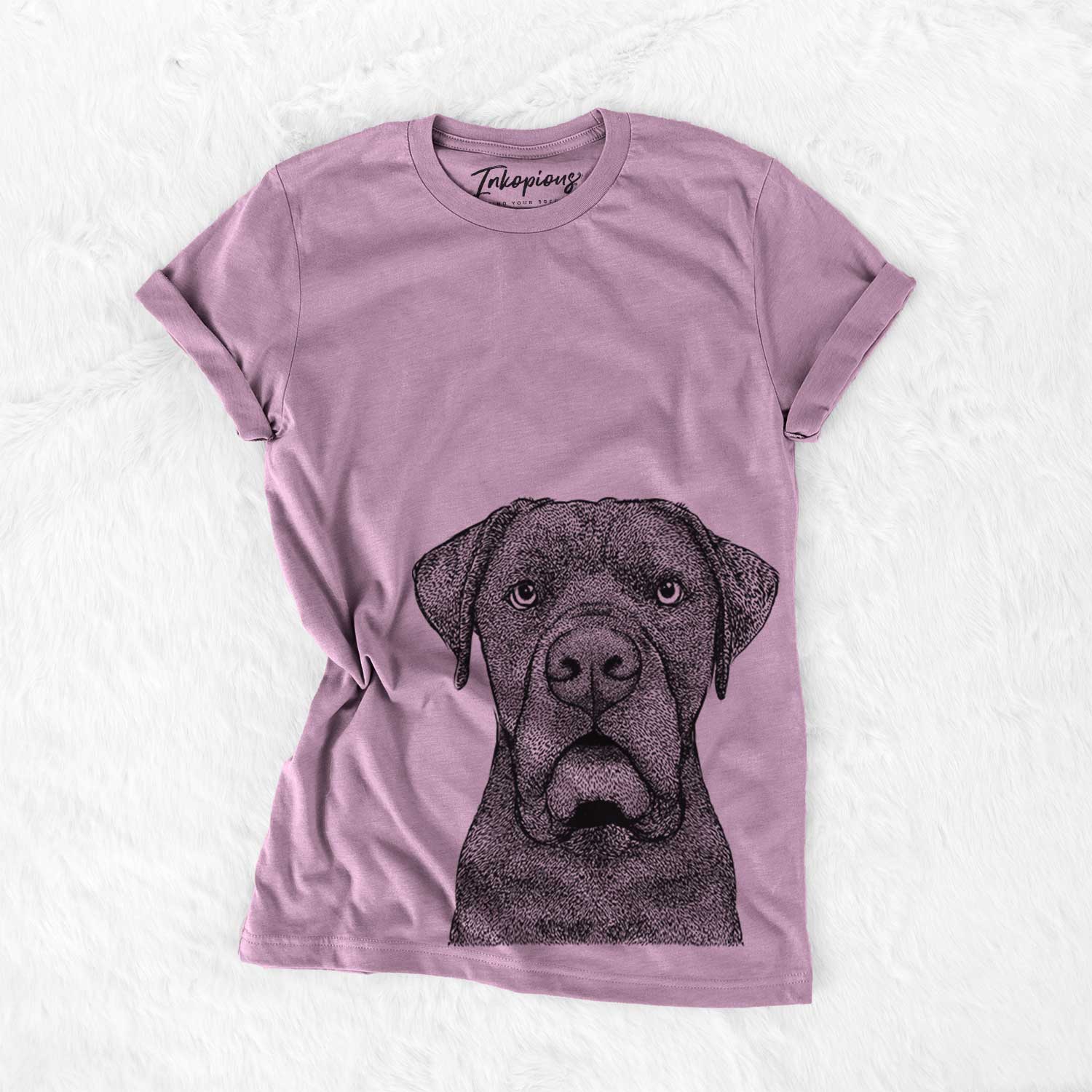 Hand-drawn sketch of Rocco the Cane Corso on an Orchid Bella Canvas Unisex Crewneck