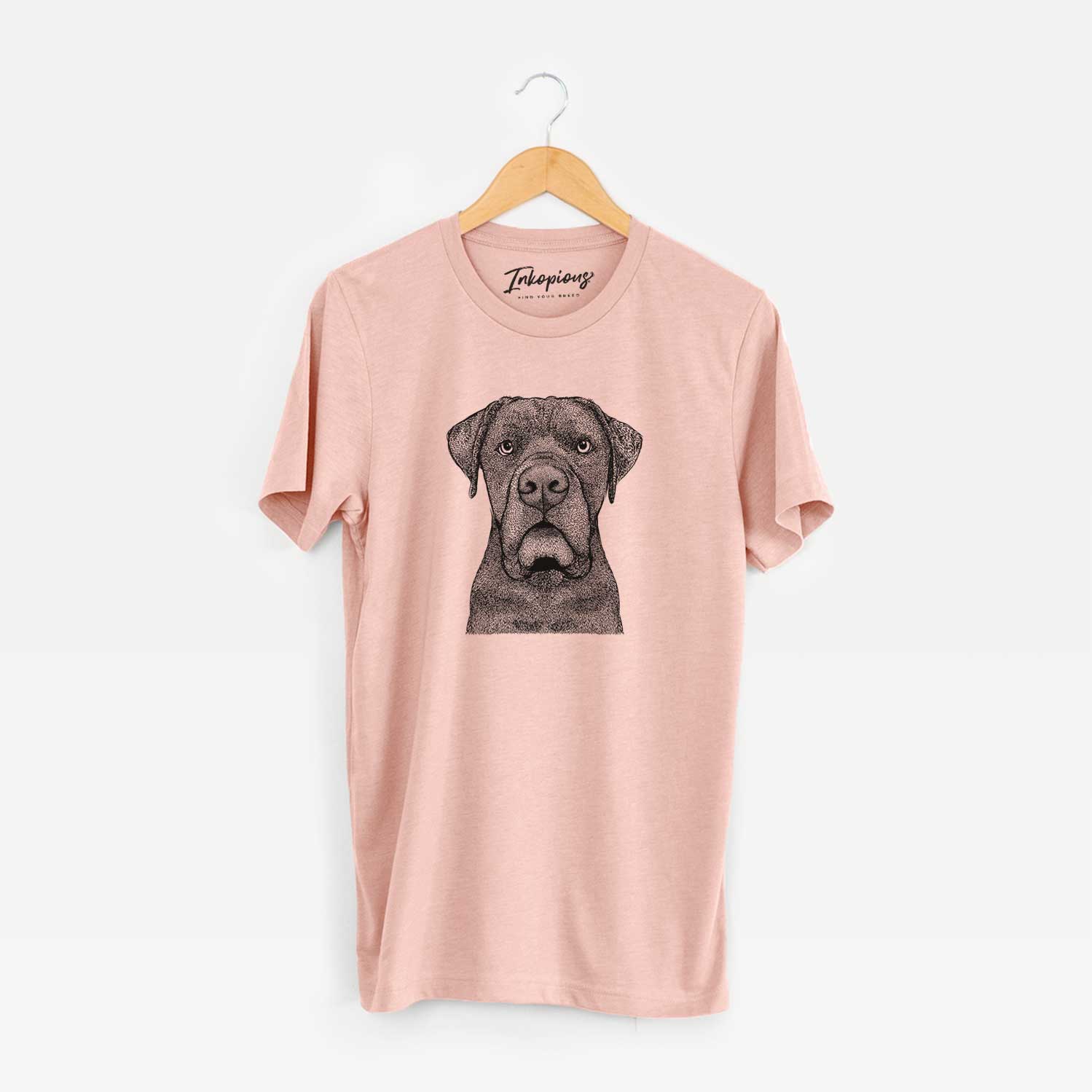 Hand-drawn sketch of Rocco the Cane Corso on a Peach Unisex crewneck