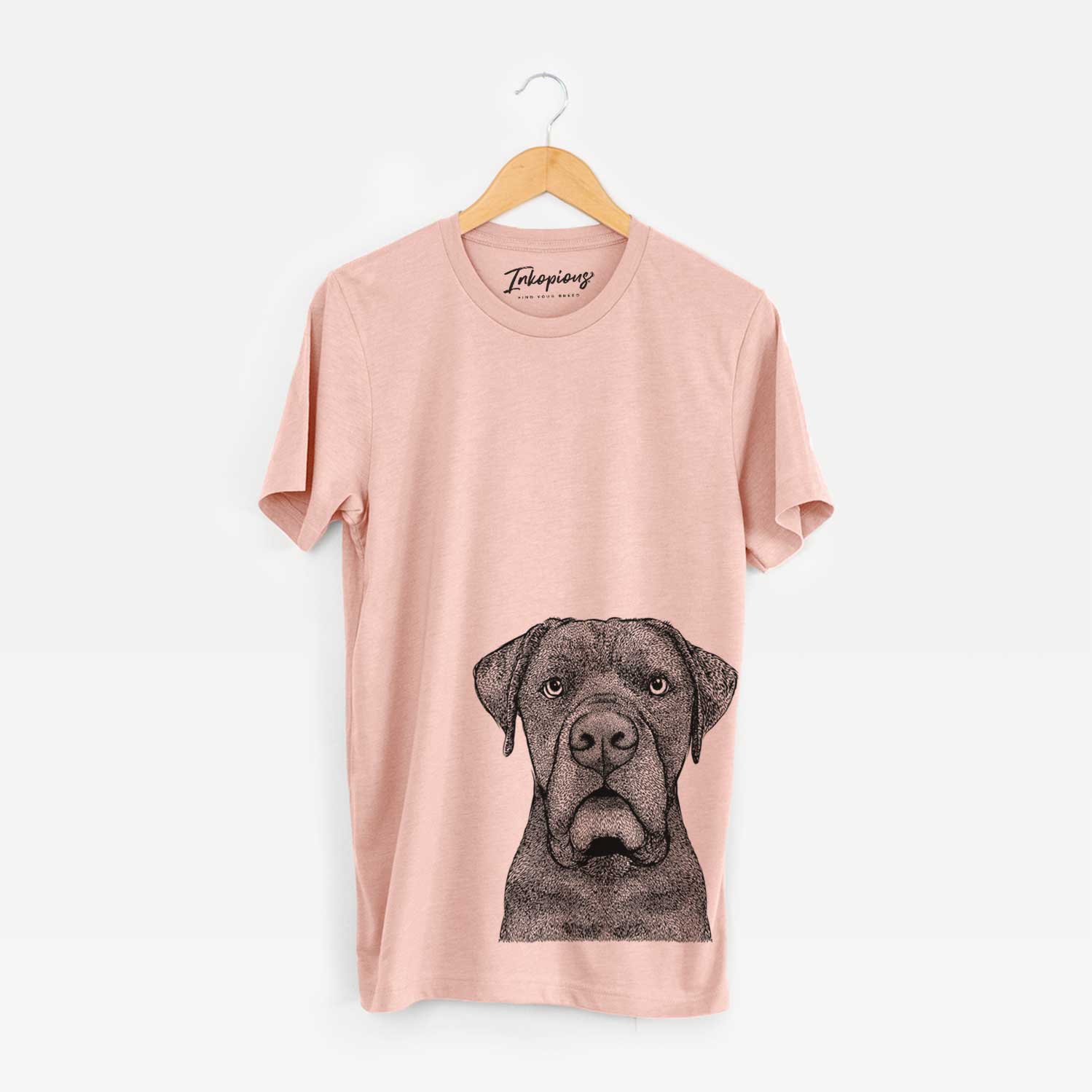 Hand-drawn sketch of Rocco the Cane Corso on a Peach Unisex crewneck