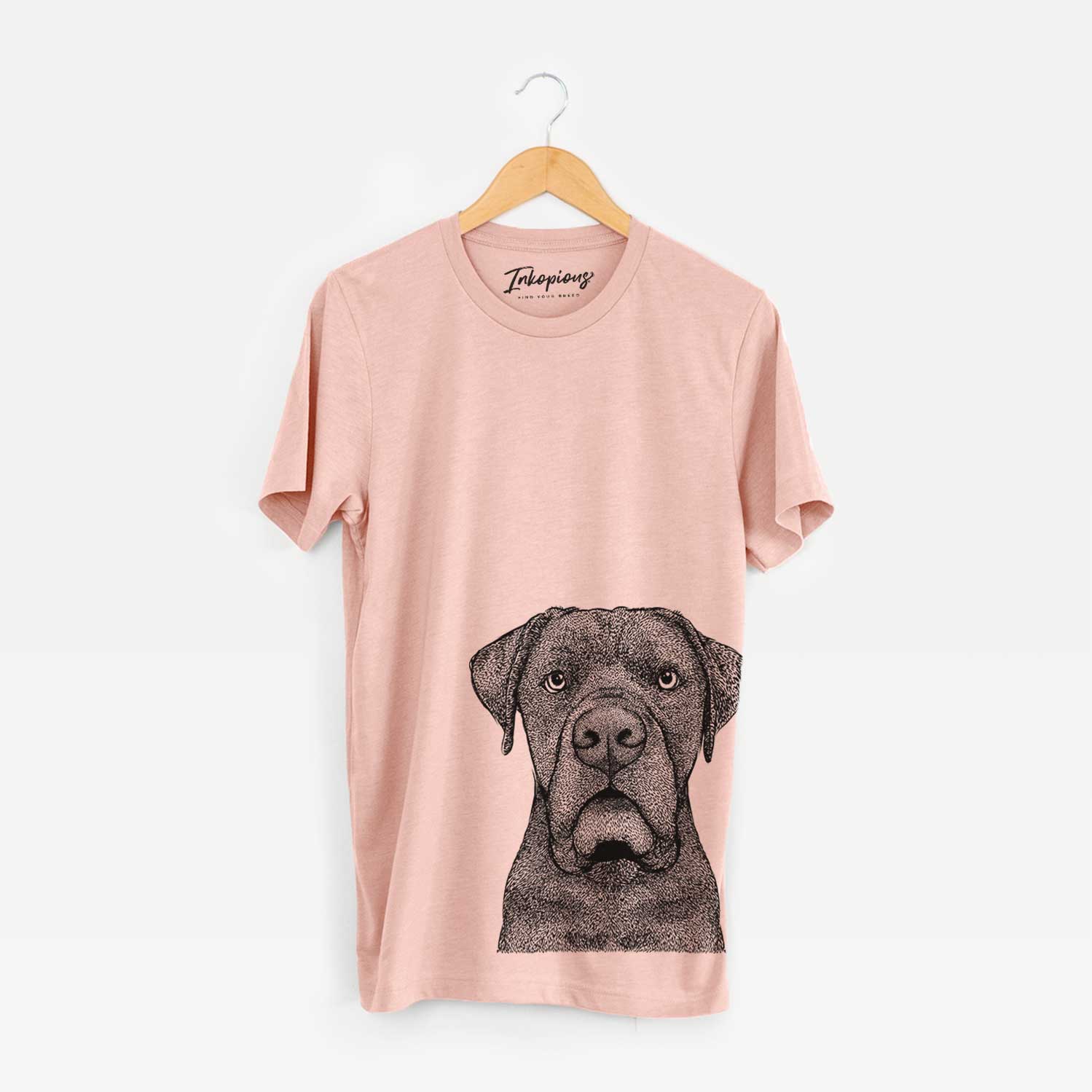Hand-drawn sketch of Rocco the Cane Corso on a Peach Bella Canvas Unisex Crewneck