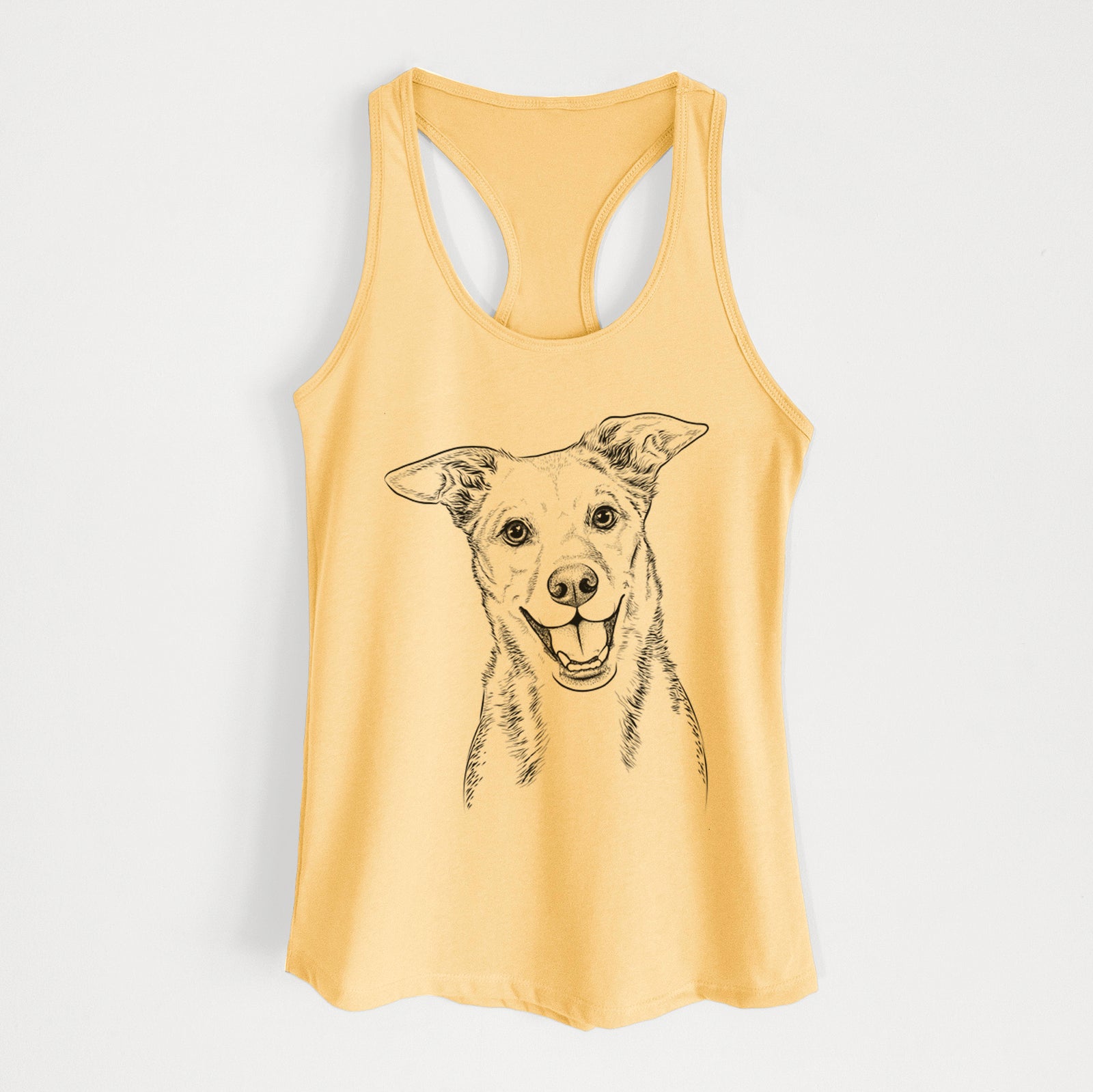 Hand-drawn sketch of Rocco the Mixed Breed on a Banana Cream Women's racerback tanktop