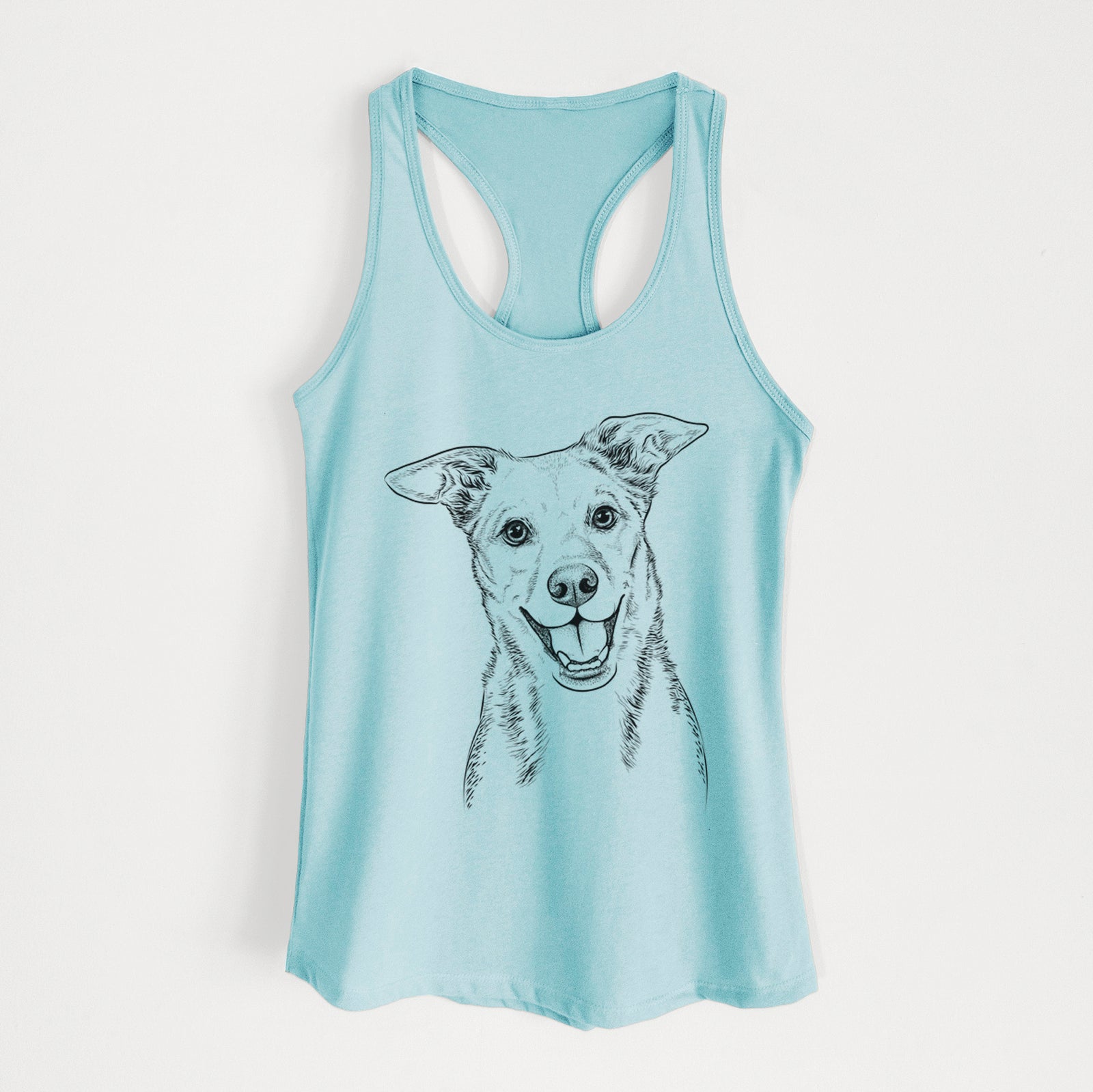 Hand-drawn sketch of Rocco the Mixed Breed on a Cancun Blue Women's racerback tanktop
