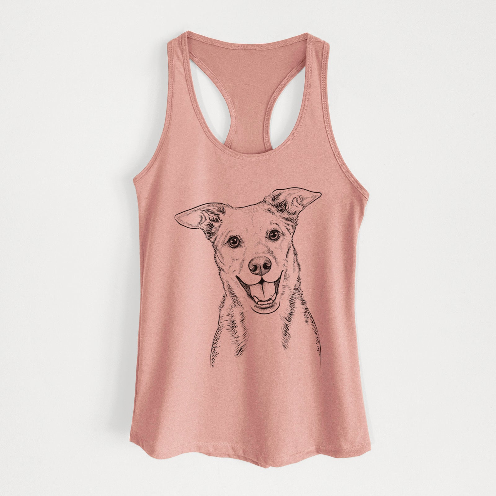 Hand-drawn sketch of Rocco the Mixed Breed on a Desert Pink Women's racerback tanktop