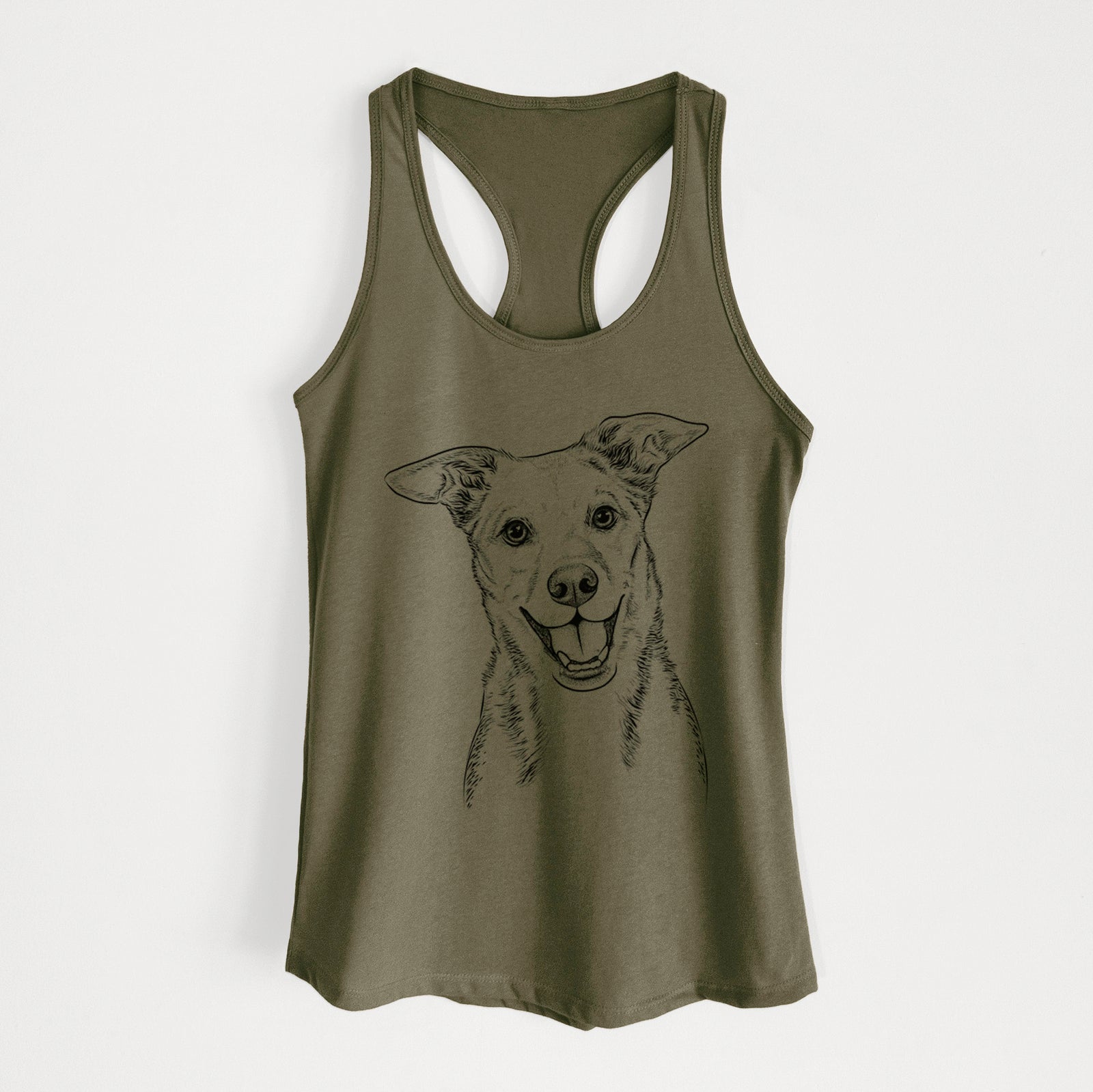 Hand-drawn sketch of Rocco the Mixed Breed on a Military Green Women's racerback tanktop
