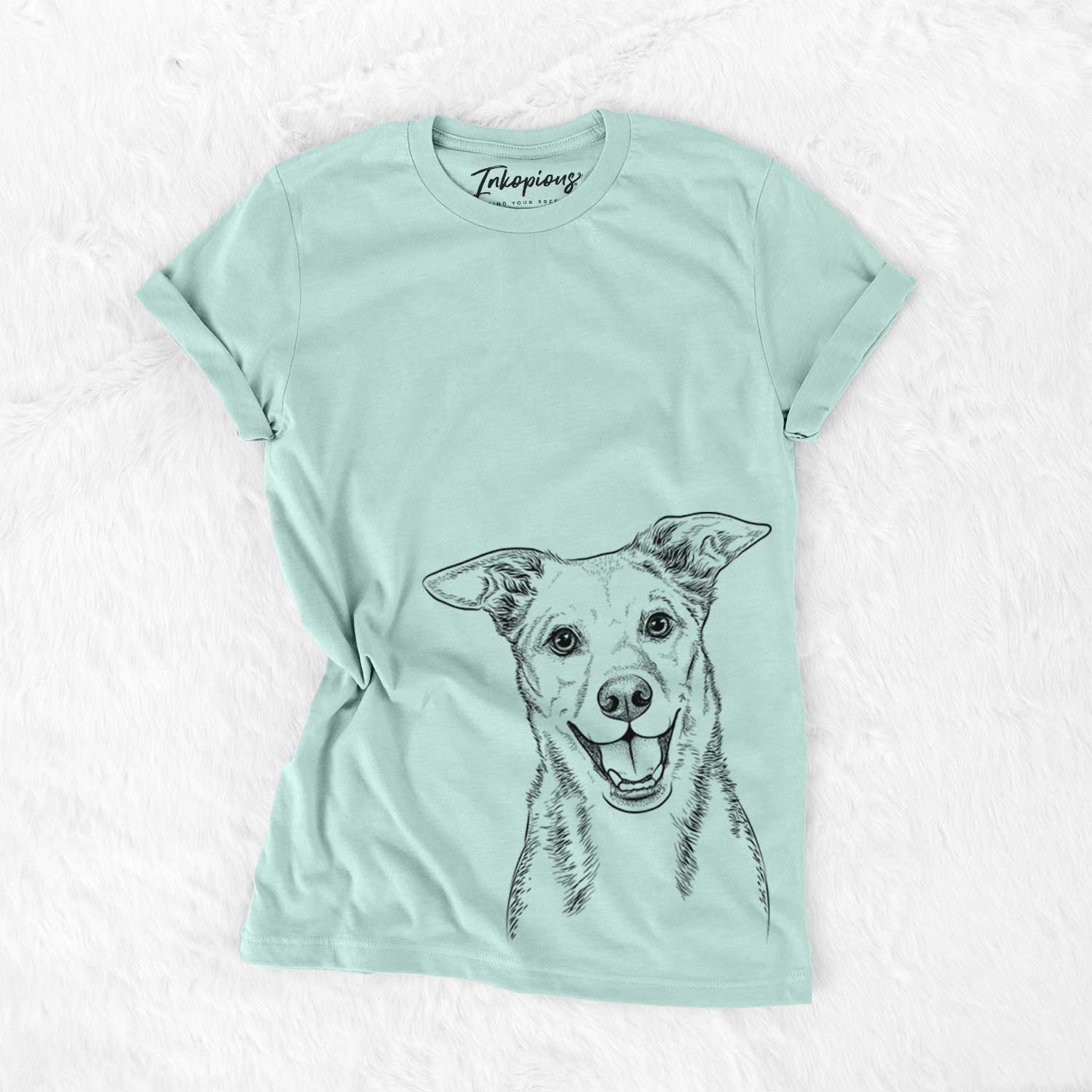Hand-drawn sketch of Rocco the Mixed Breed on a Heather Sage Unisex crewneck