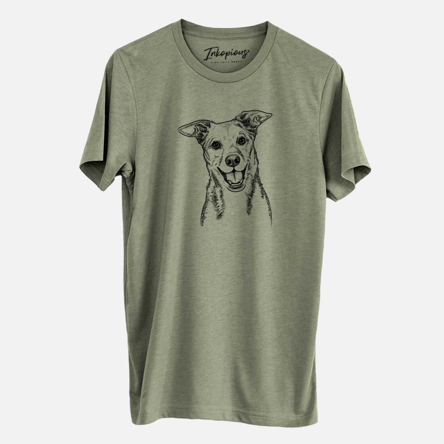 Hand-drawn sketch of Rocco the Mixed Breed on an Olive Unisex crewneck