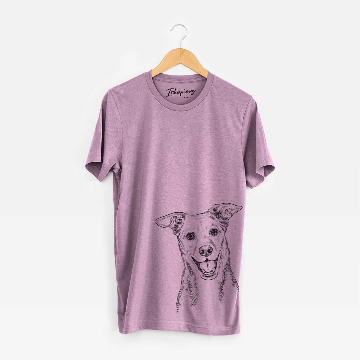 Hand-drawn sketch of Rocco the Mixed Breed on an Orchid Unisex crewneck